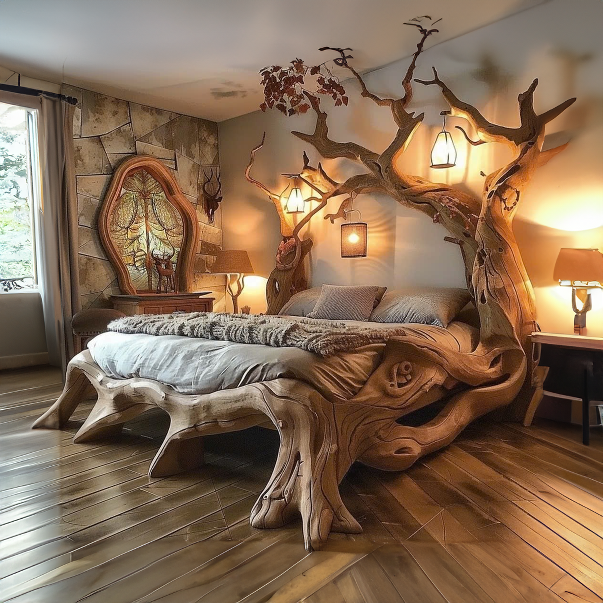 Rustic Solid Wood Bed Frame Queen Bed Vintage Housewarming Gift SINLWB003