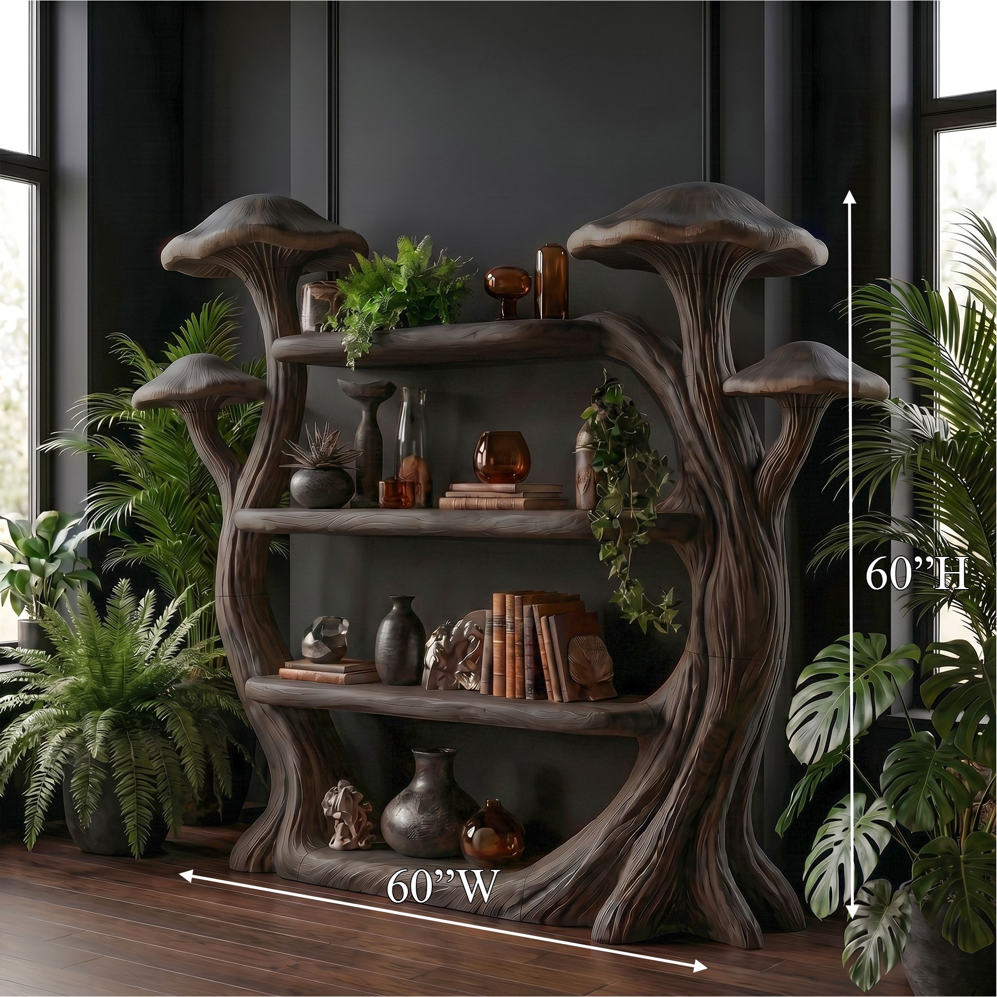 Natural Wood Mushroom Bookcase For Living Room And Reading Room SINLSATB727
