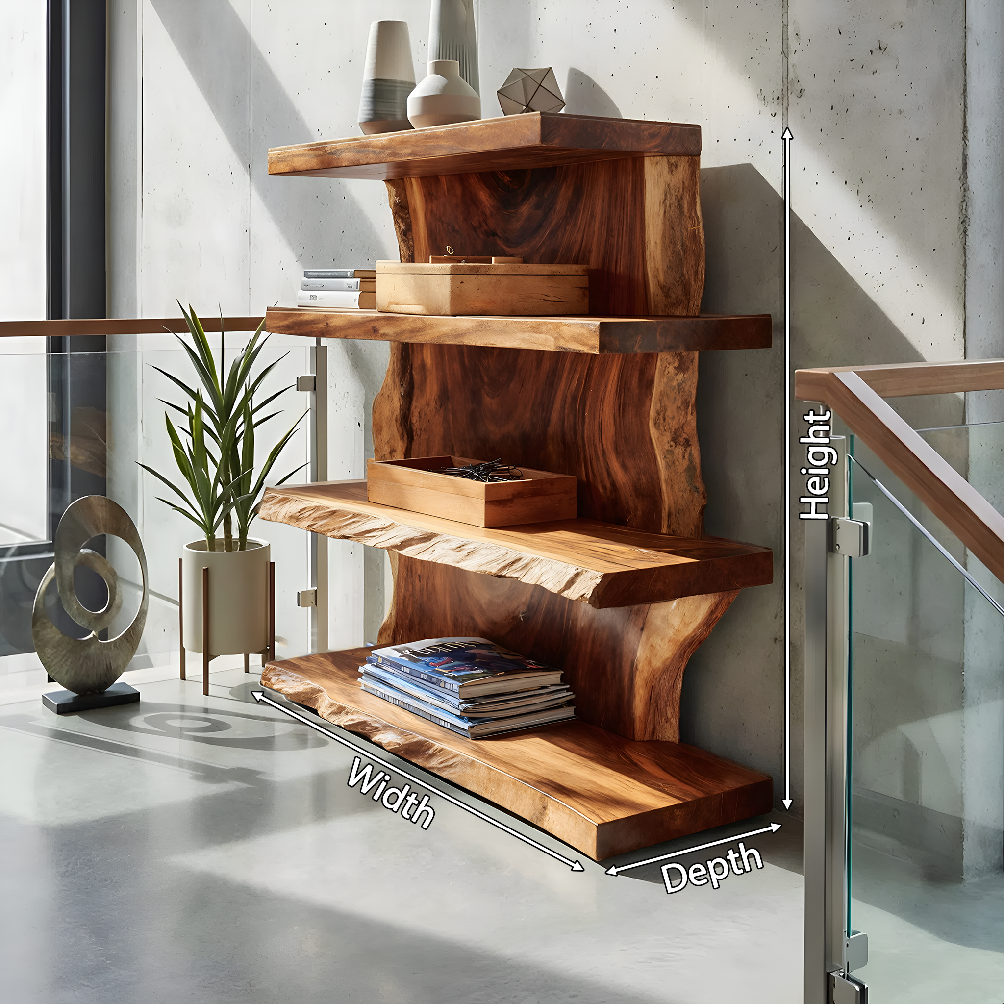 Modern Wooden Live Edge Standing Shelf For Entryway Storage Decor SILDTTNFGS013