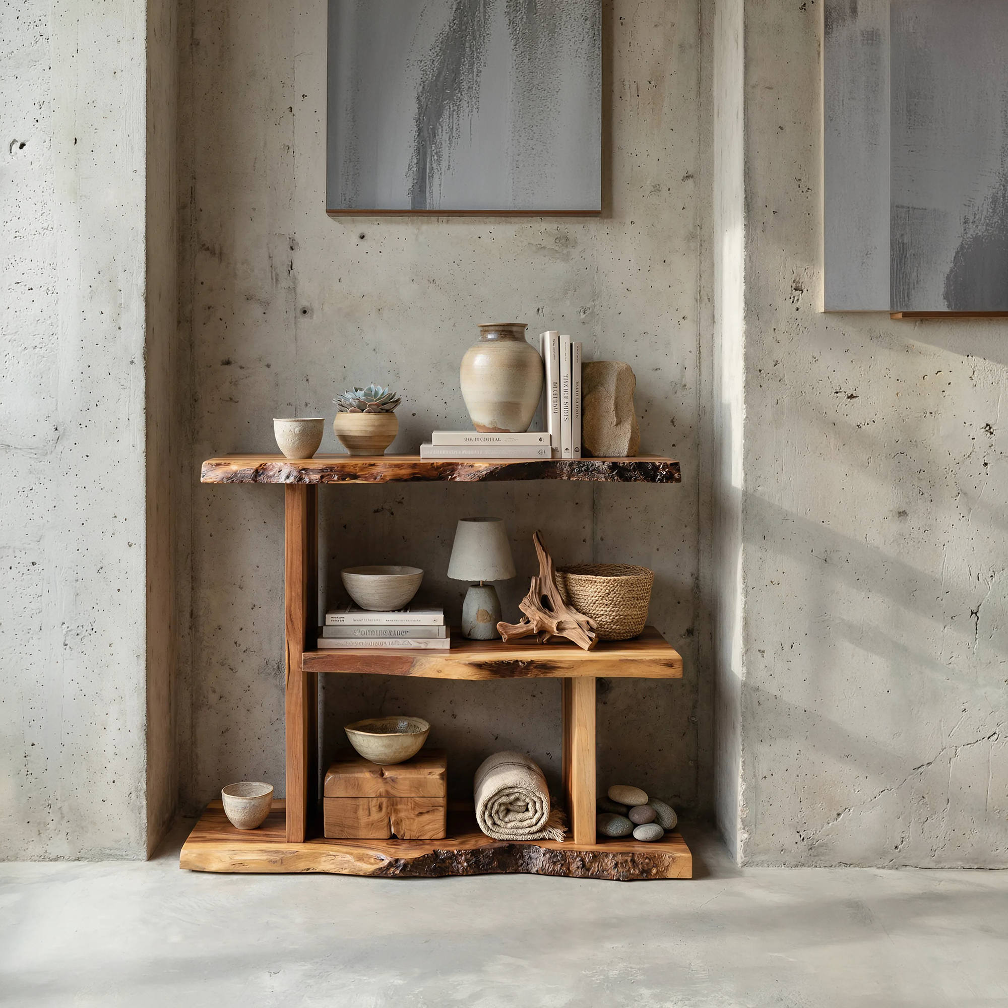 Artistic Wooden Live Edge Standing Shelf For Entryway Storage Design SILDTTNFGS008