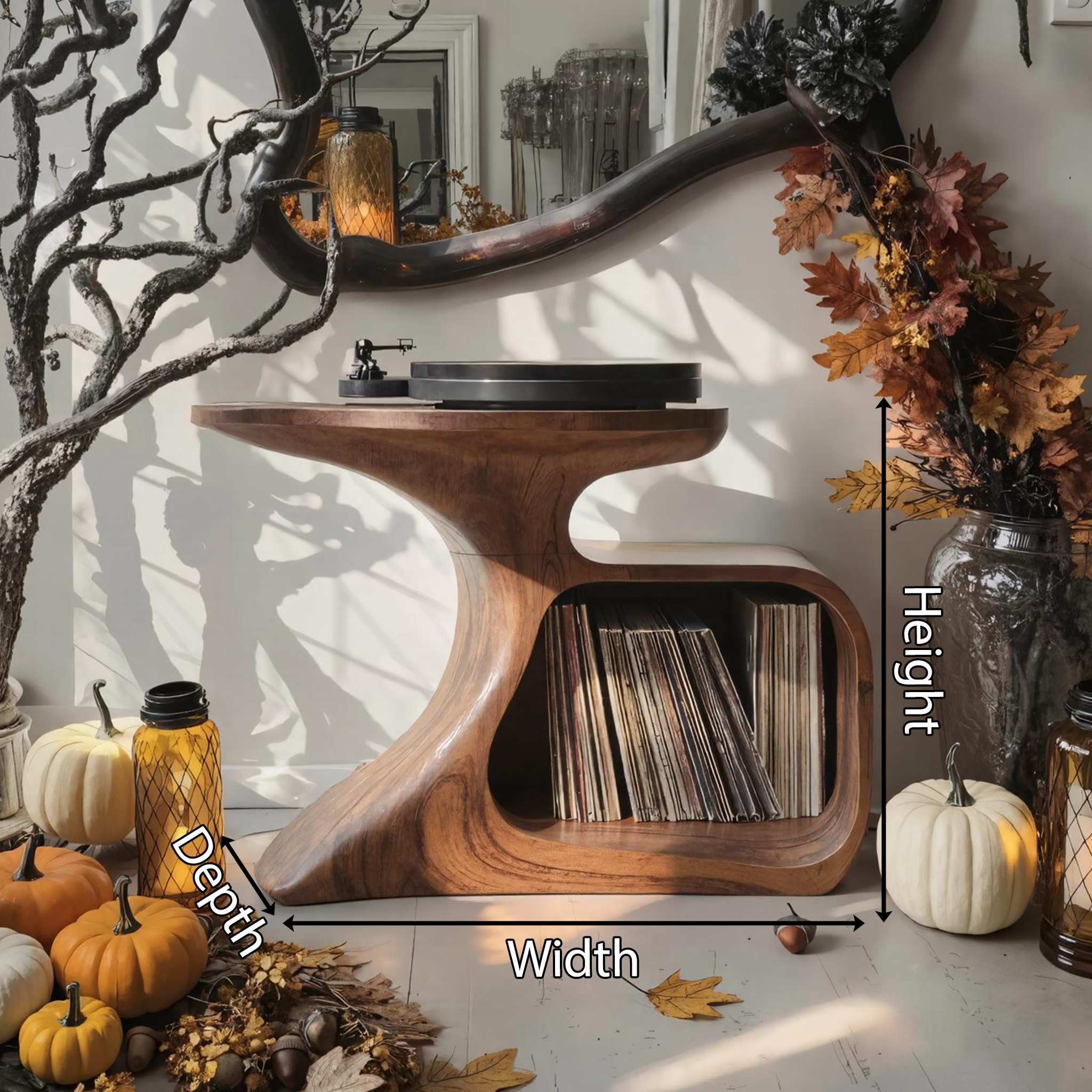 Mid Century Wooden Live Edge Record Stand For Living Room Halloween Decor SILDTTNHRS001