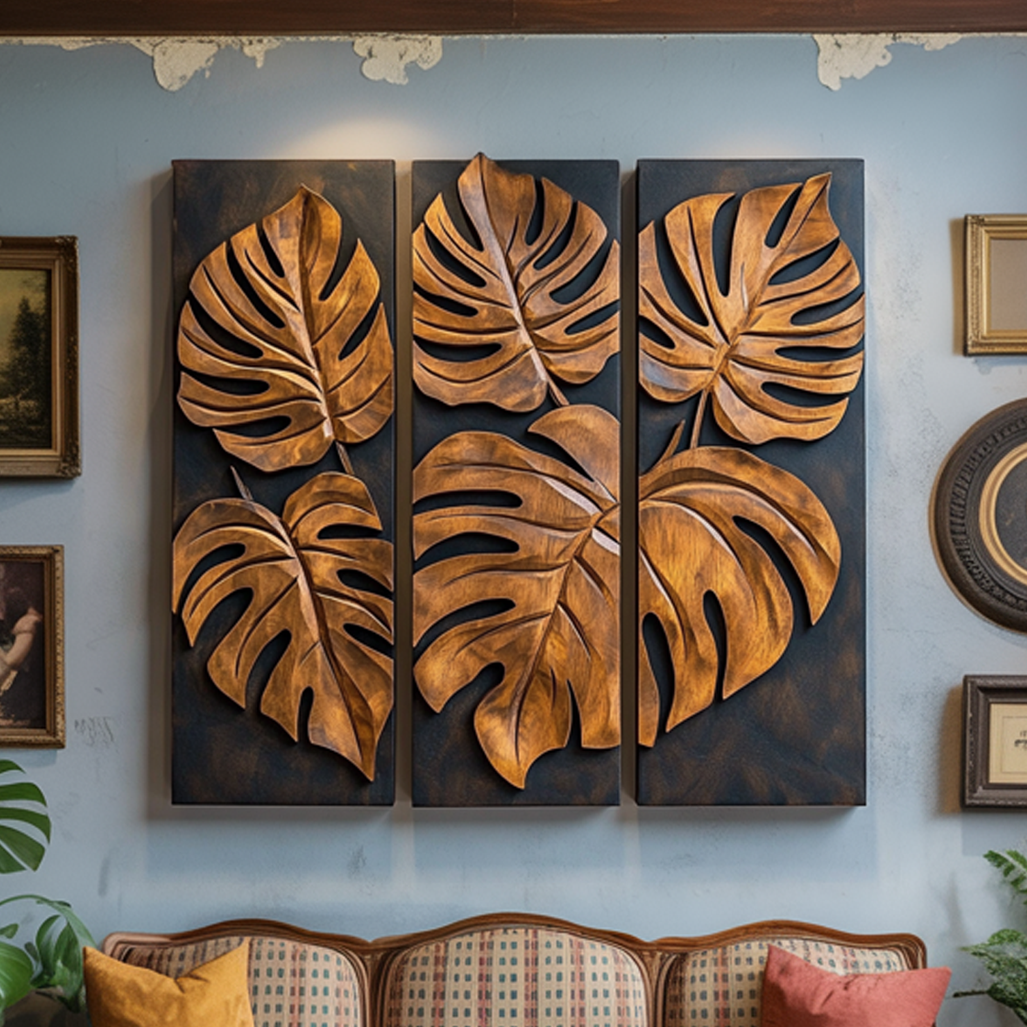 Carved Monstera Leaf Solid Wood Wall Art Triptych Statement Decor SINLKIWD023