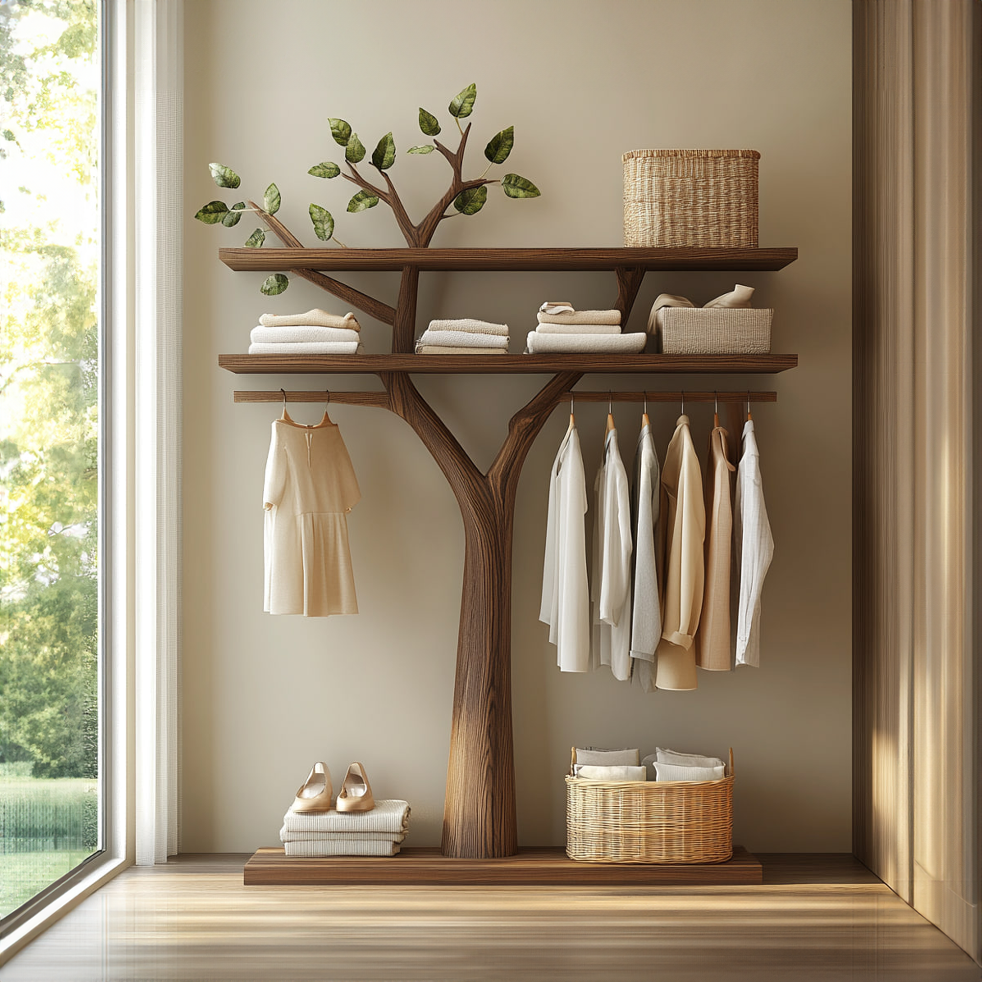 Sculptural Wooden Tree Clothing Rack Artistic Design Bedroom SINLKITCR050