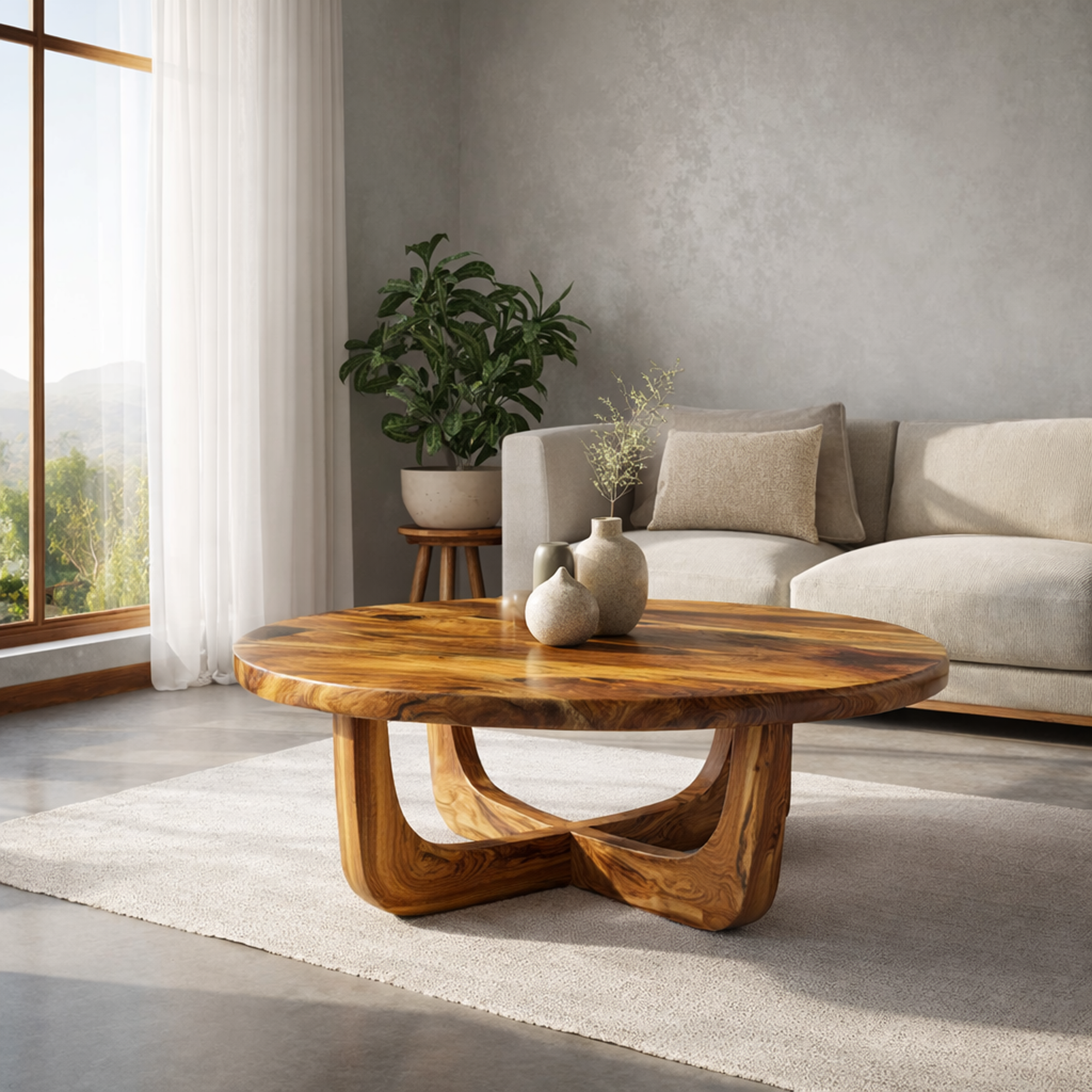Sculpted Ring Base Solid Wood Coffee Table Warm Contemporary Living Room Interior SINLKICF321