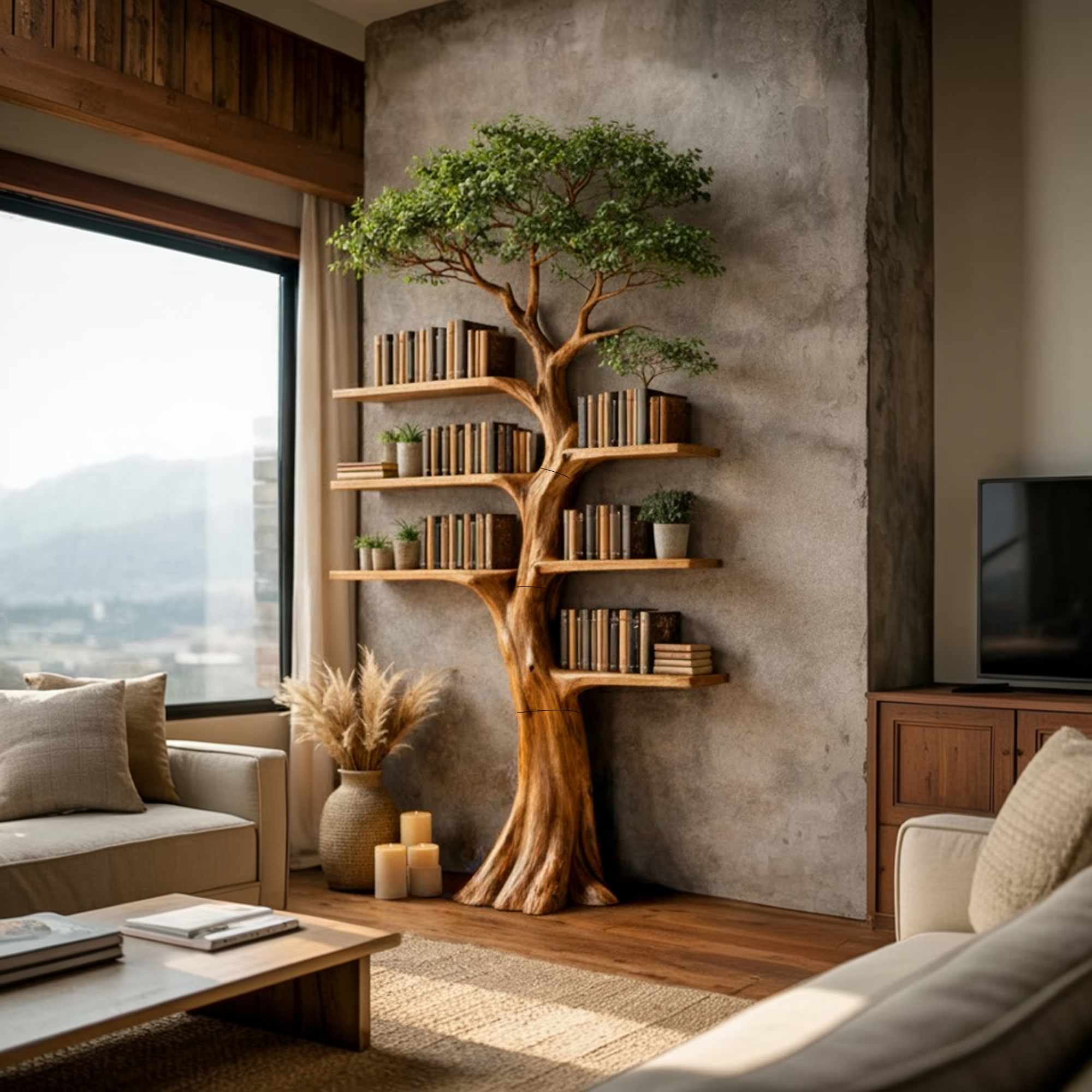 Rustic Artistic Tree Bookshelf Living Room SINLKITB652