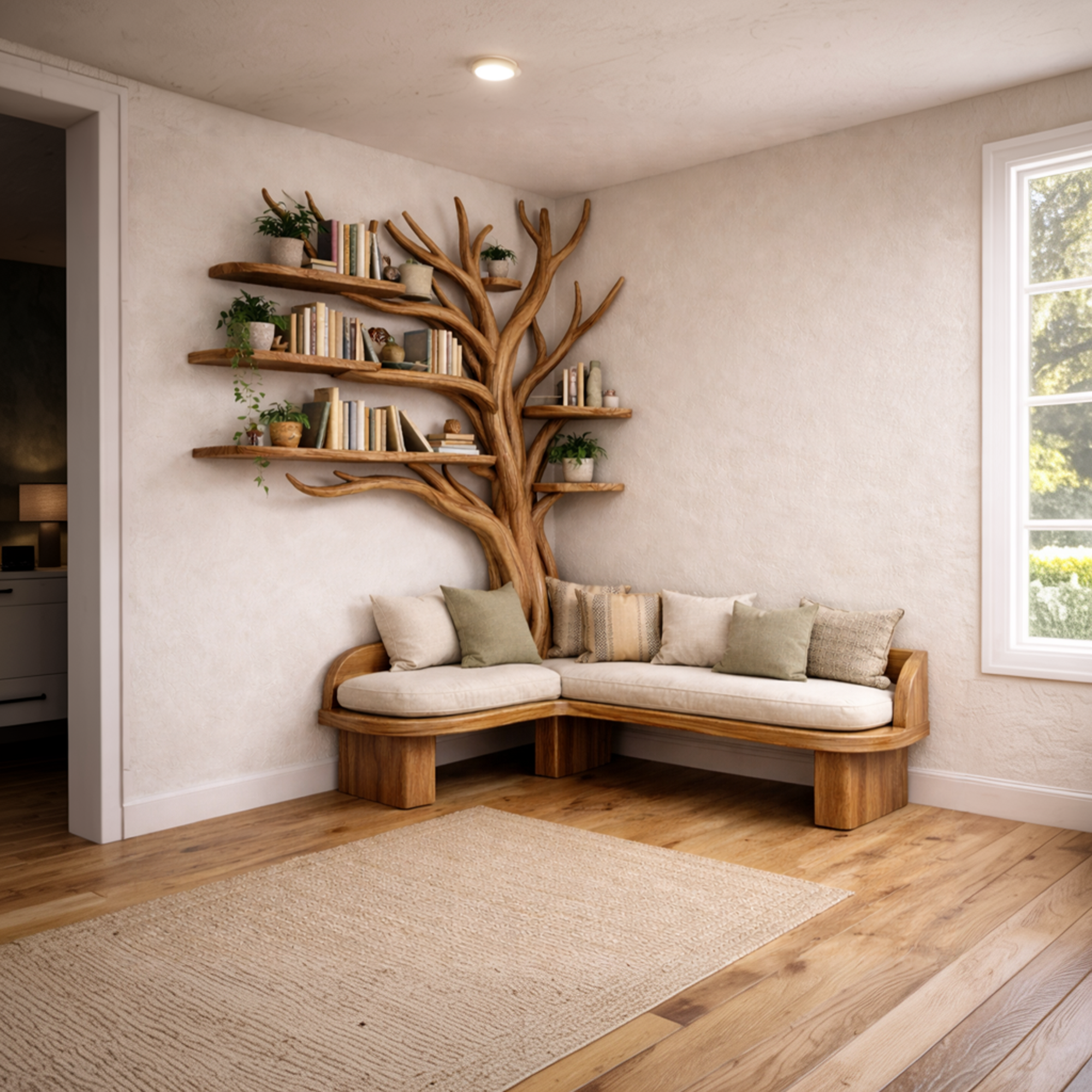 Rustic Sculptural Tree Bookshelf Corner Bench Living Room Interior Integrated Seating SINLKITB654