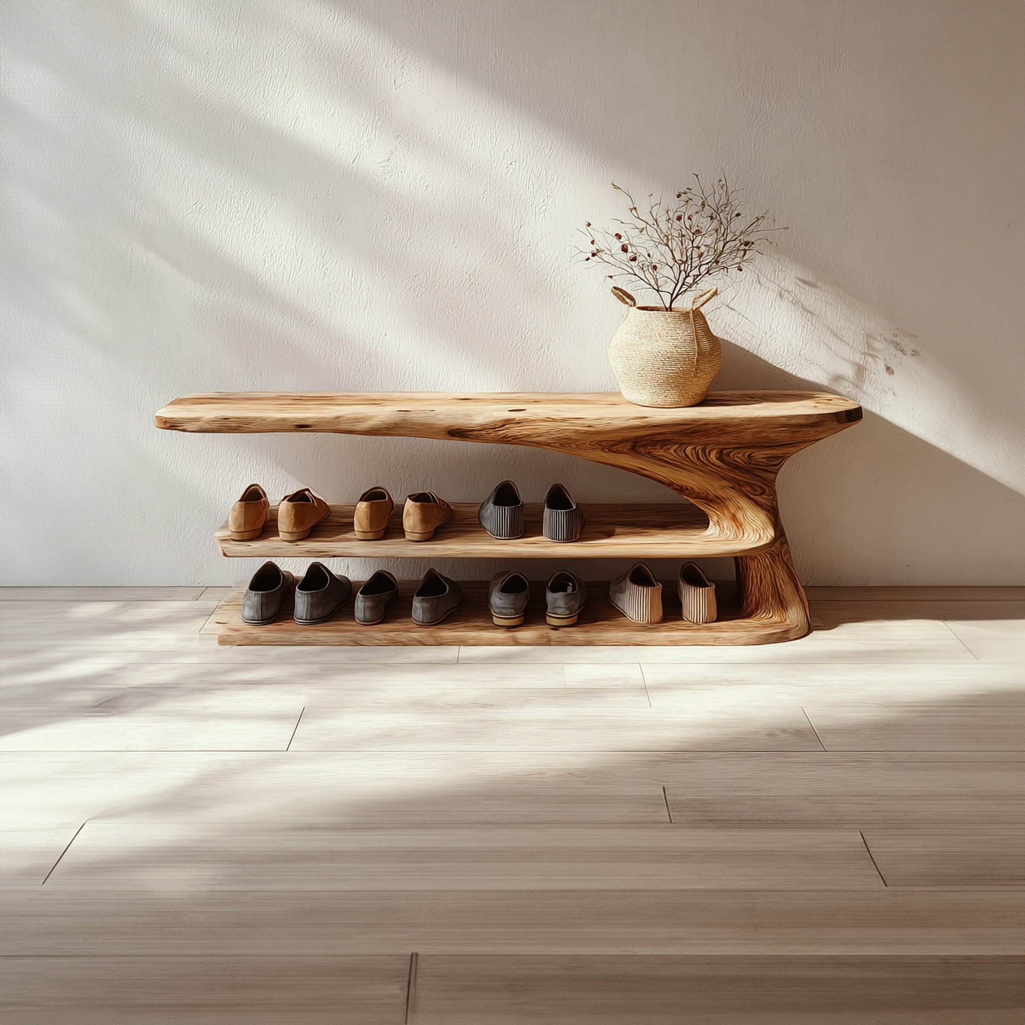 Mid Century Natural Wood Shoe Storage Bench Hallway SINLKISB049