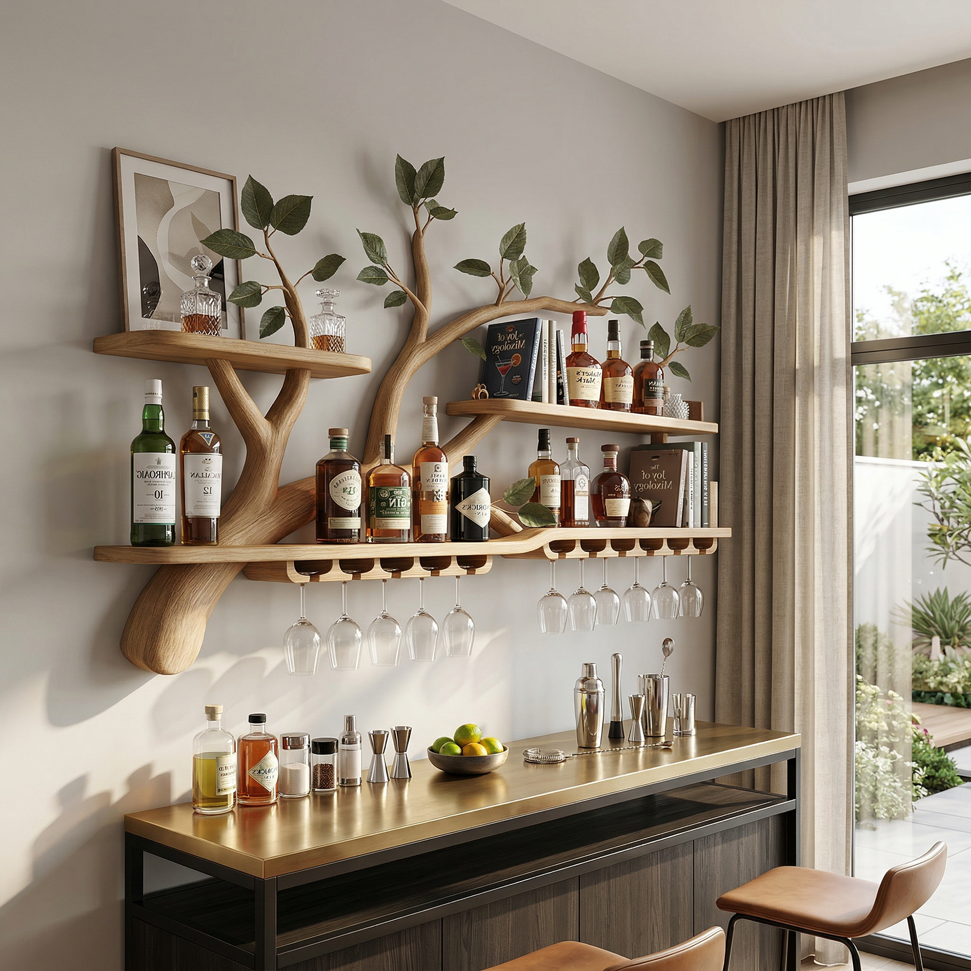 Organic Tree Branch Wine Rack Wooden Wall Mounted Shelf For Kitchen Dining Room Home Bar SINLKIWR019