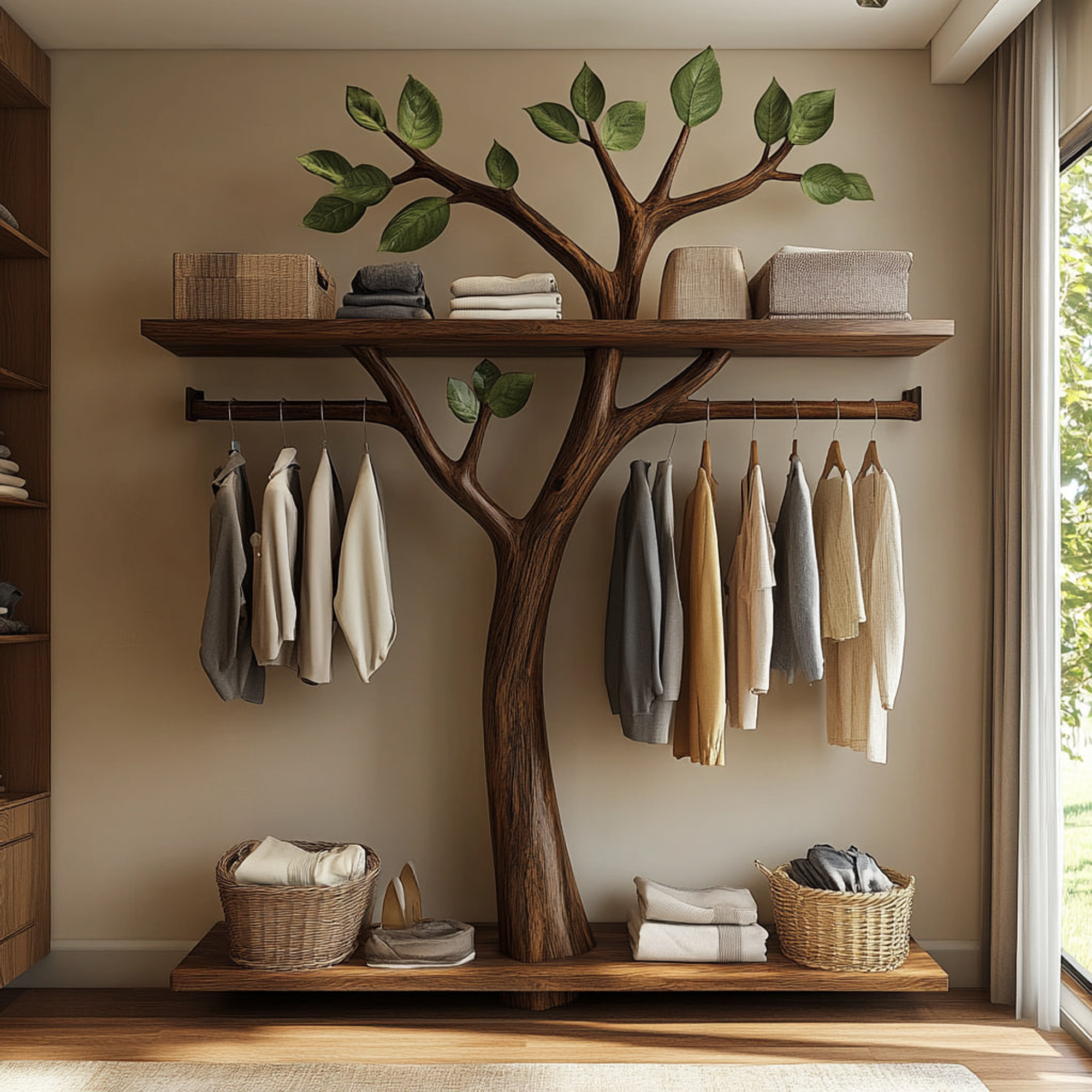 Minimalist Solid Wood Tree Wardrobe Rack Modern Look Bedroom SINLKITCR048