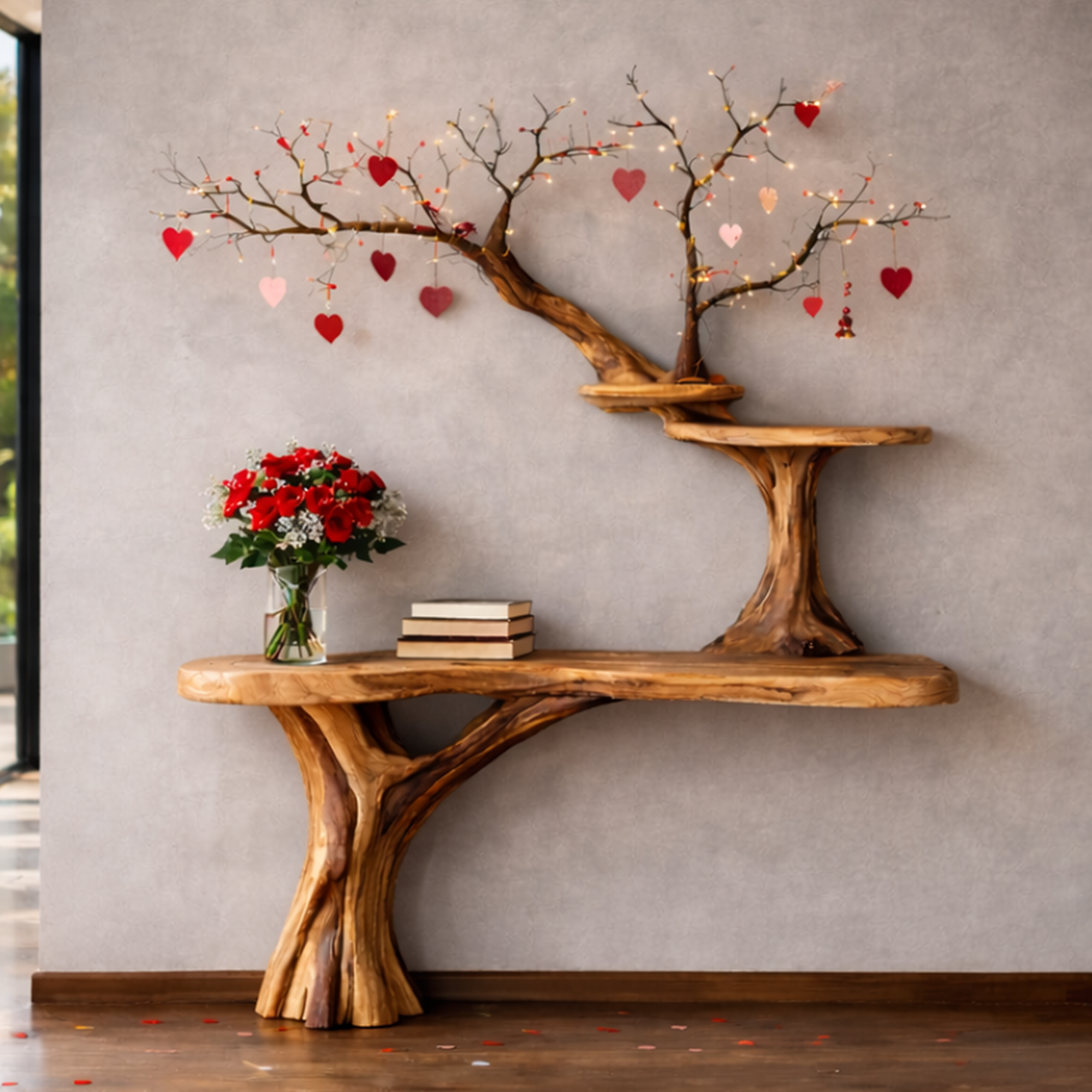 Rustic Tree Inspired Console Shelf Handcrafted For Entryway SINLKICS473