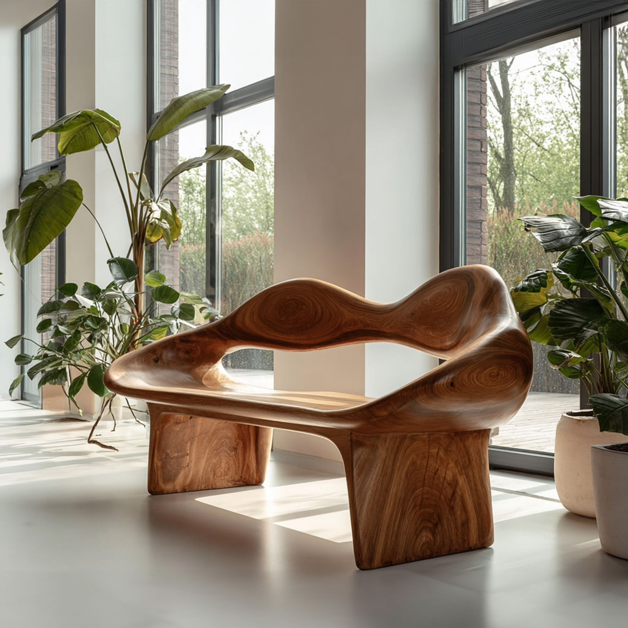 Mid Century Curved Bench Natural Finish Living Room SINLKIRS036