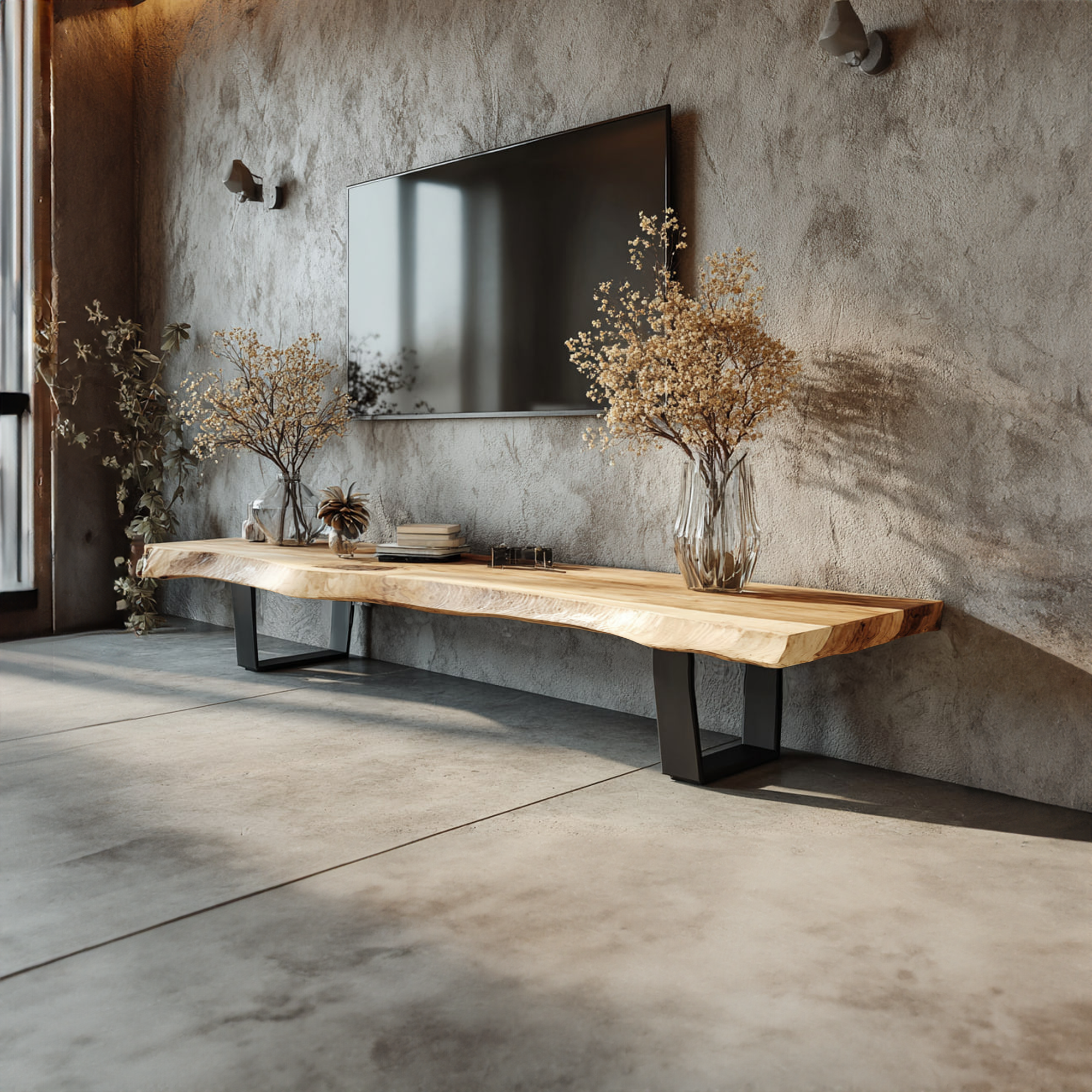 Mid Century TV Console Solid Slab Wood Media Room SINLKICS305