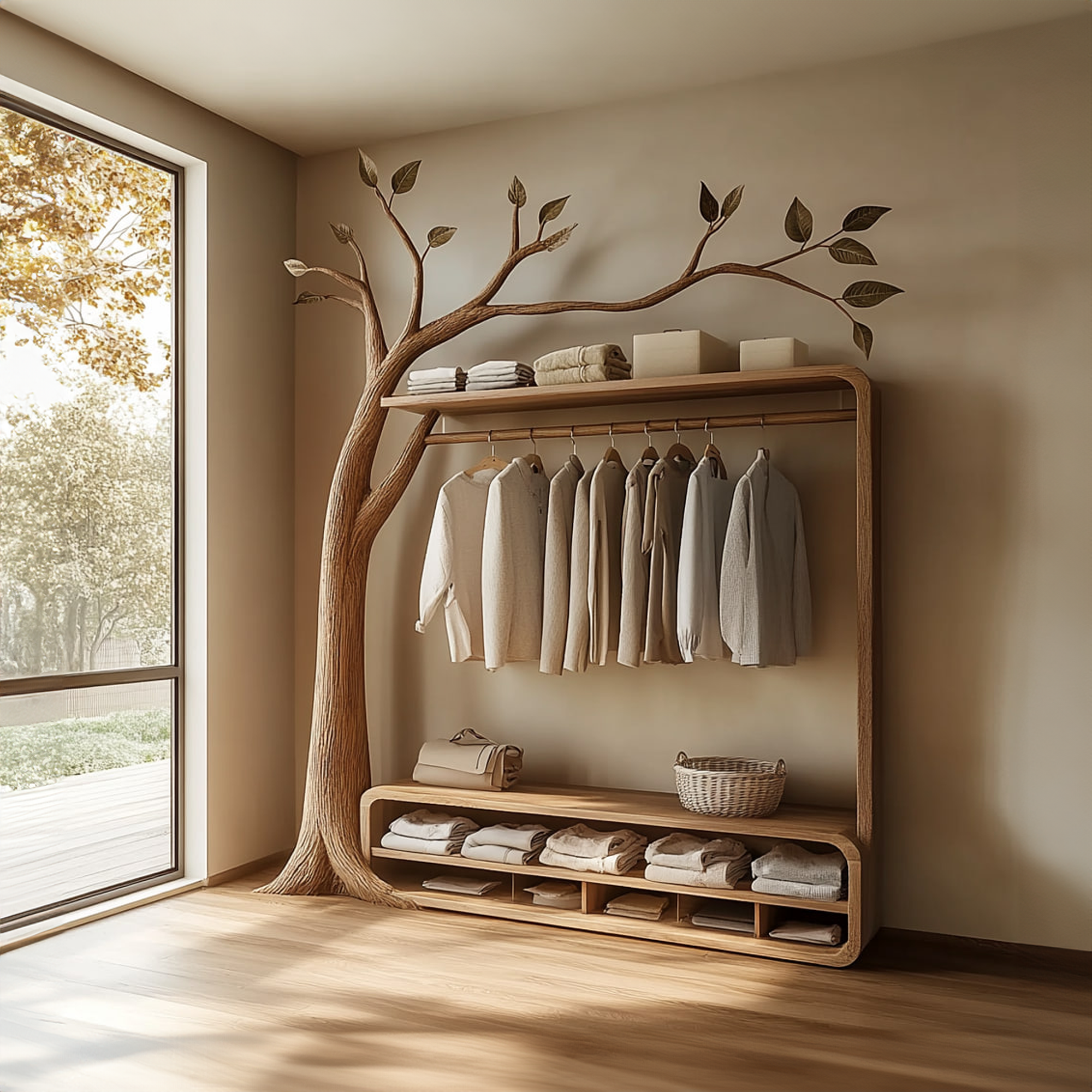 Rustic Solid Wood Tree Clothing Stand Natural Home SINLKITCR051