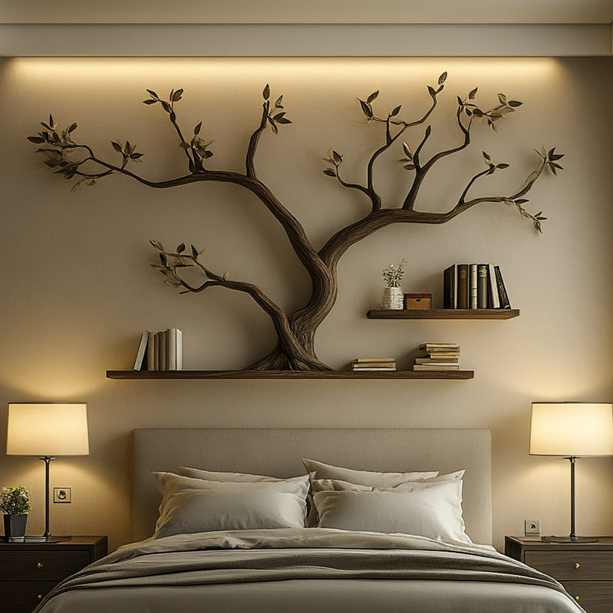 Mid Century Organic Tree Bookshelf Headboard Bedroom Design SINLKITBS094