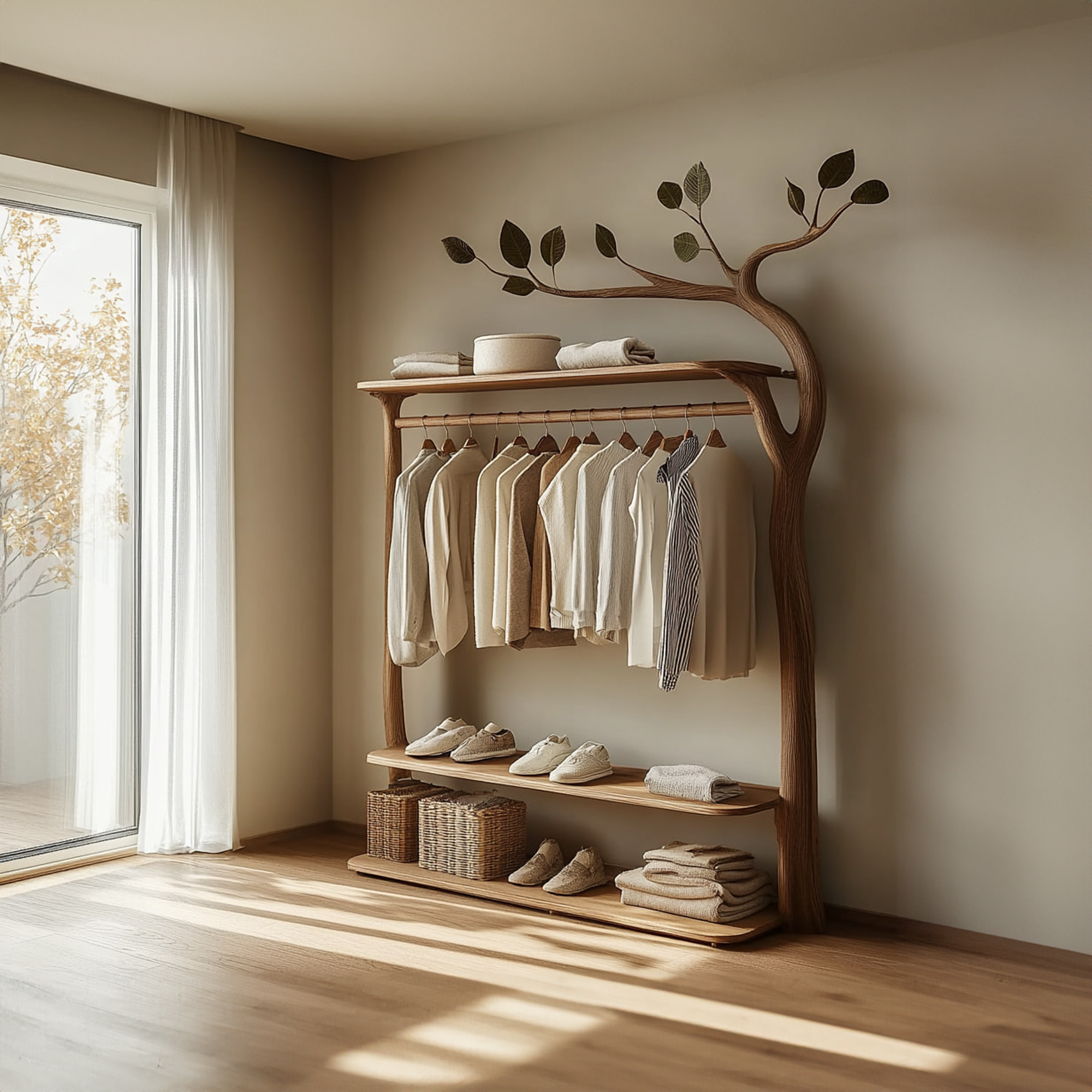 Rustic Tree Wardrobe Rack Solid Wood Bedroom Organizer SINLKITCR056