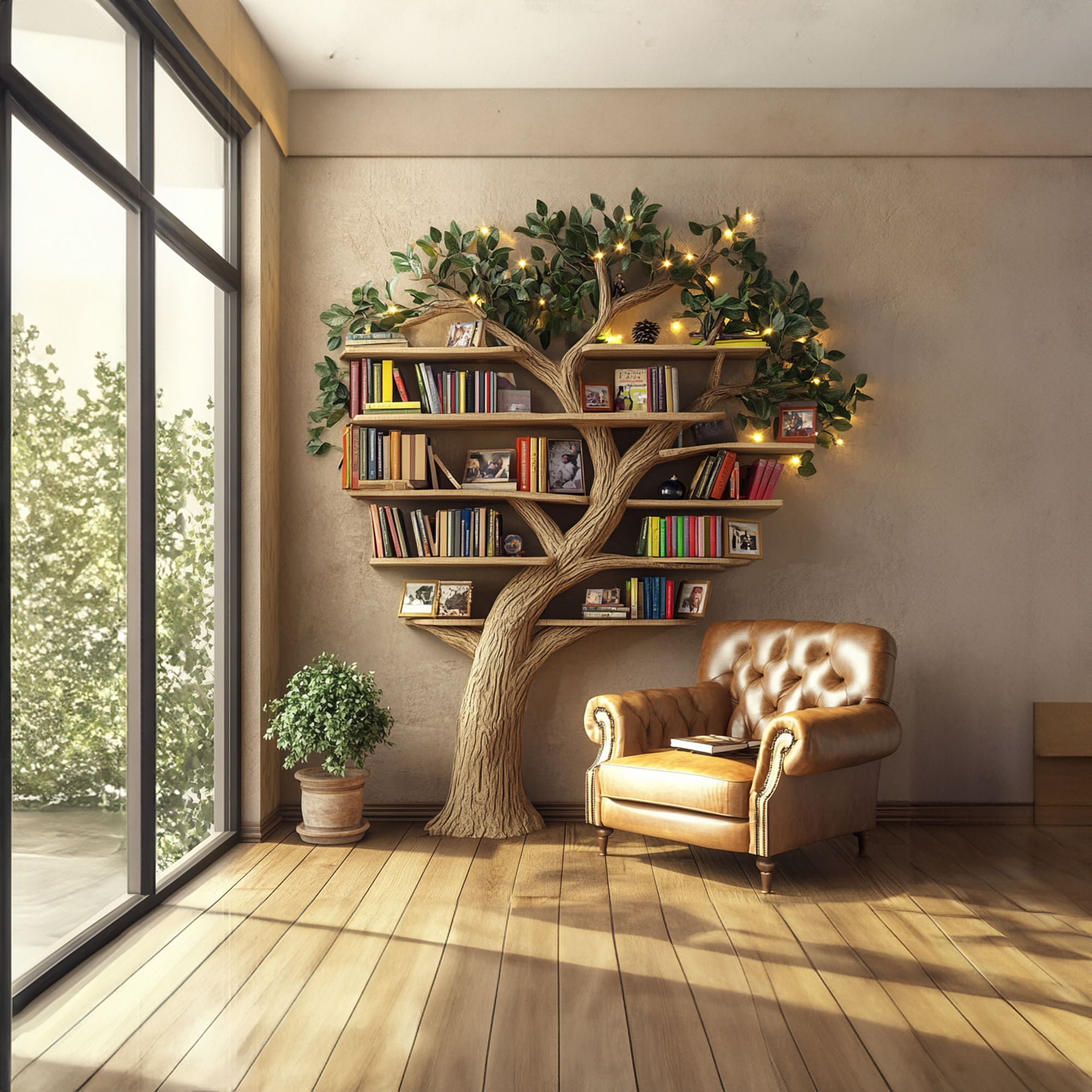Rustic Tree Wall Bookshelf Warm Reading Corner SINLKITB534