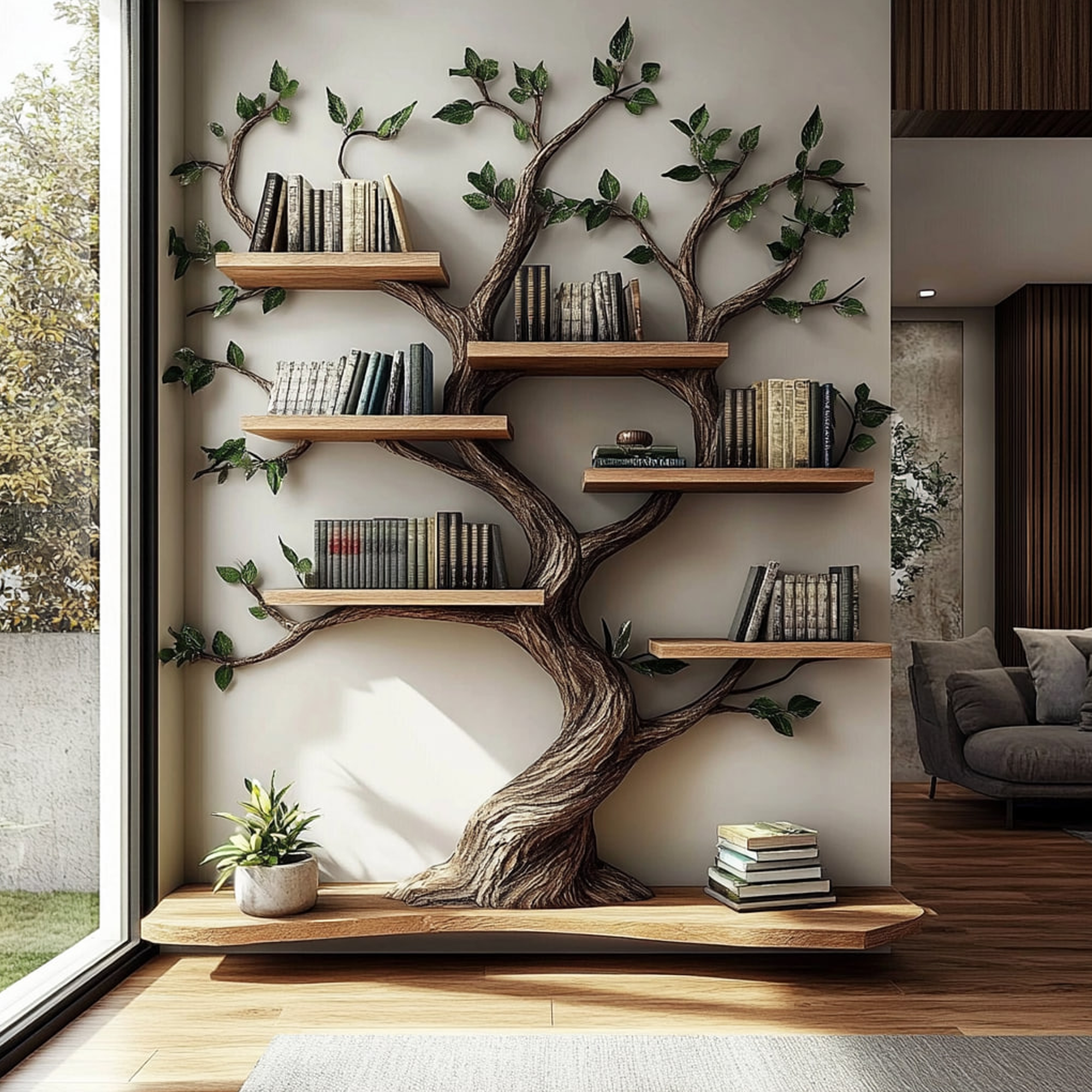 Rustic Tree Wall Bookshelf Modern Natural Living SINLKITB556
