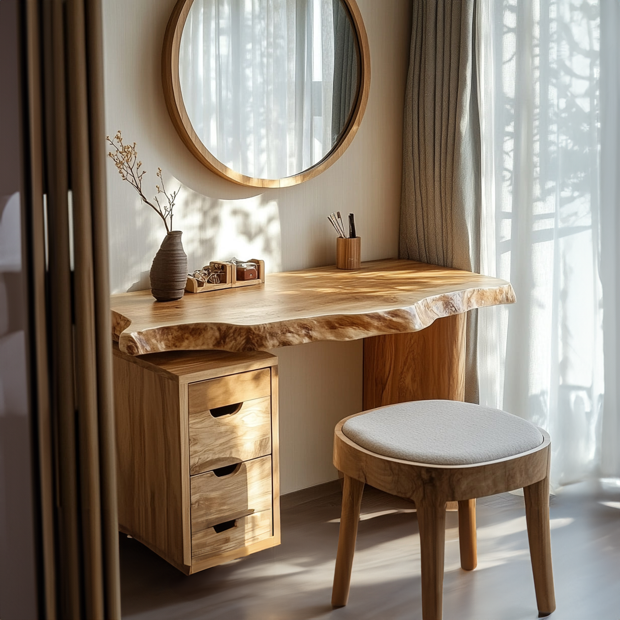 Japandi Solid Wood Floating Dressing Table Live Edge Bedroom Vanity SINLKIFL243