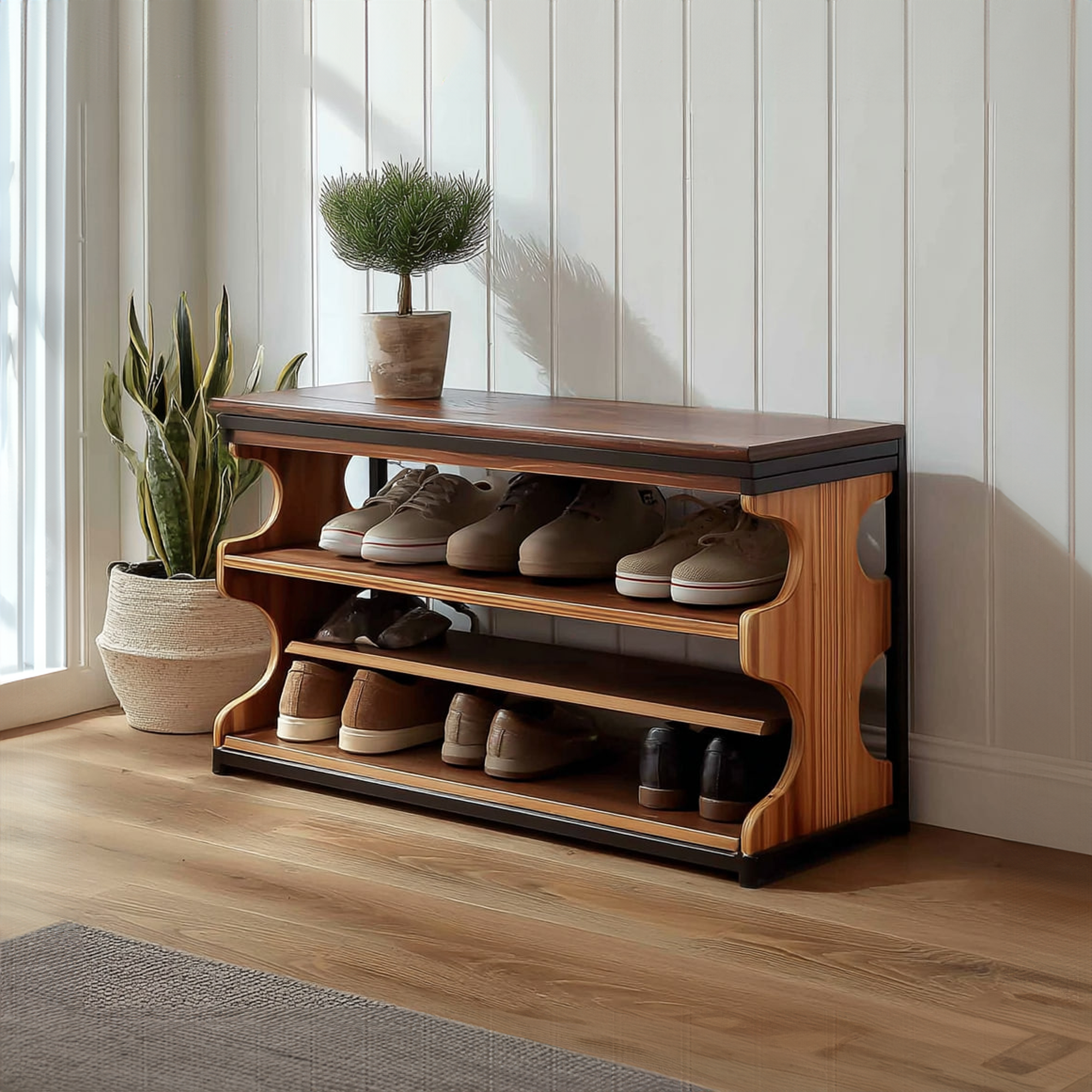 Midcentury Shoe Organizer Bench Entryway SINLKISB043