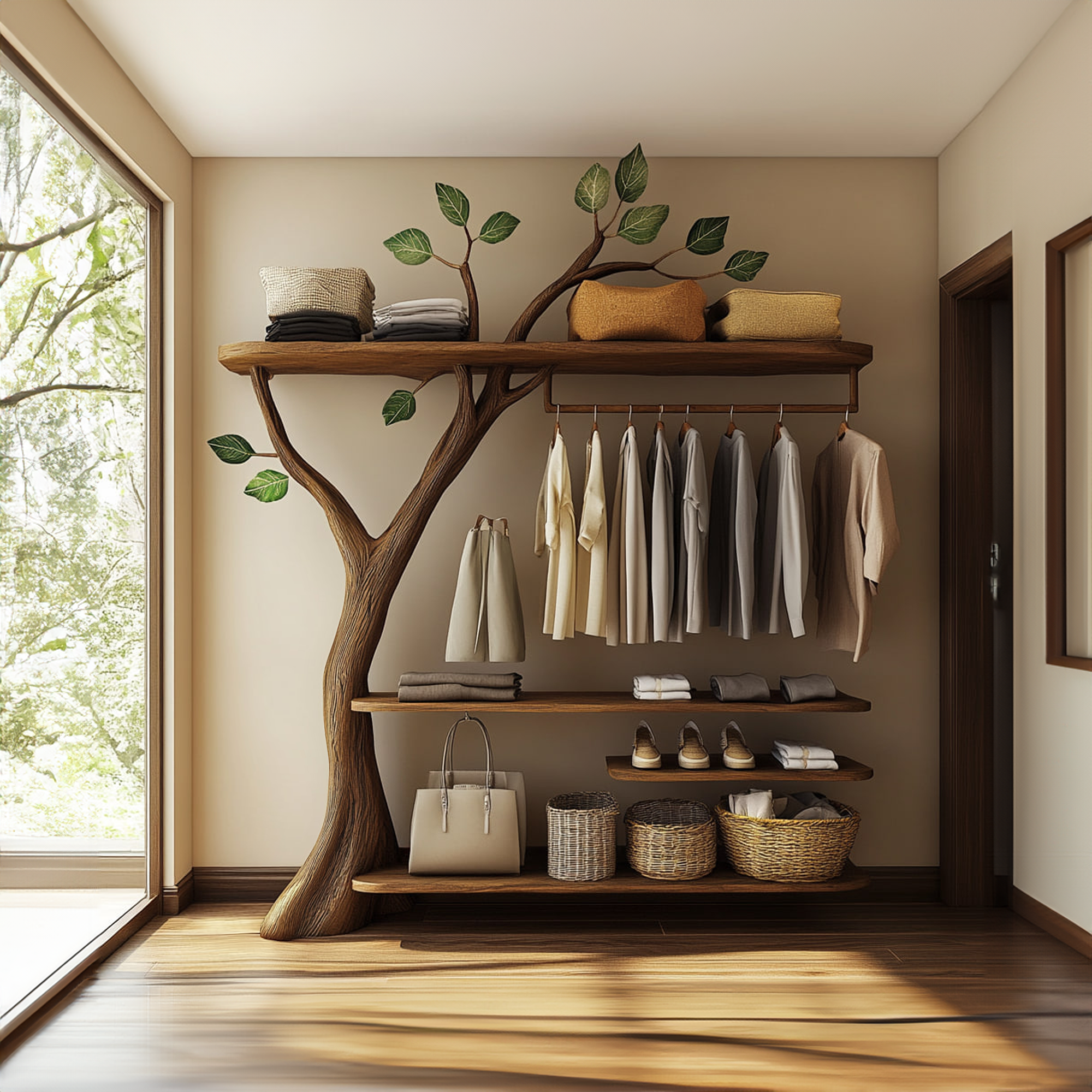 Rustic Solid Wood Tree Clothing Rack Artistic Bedroom SINLKITCR047