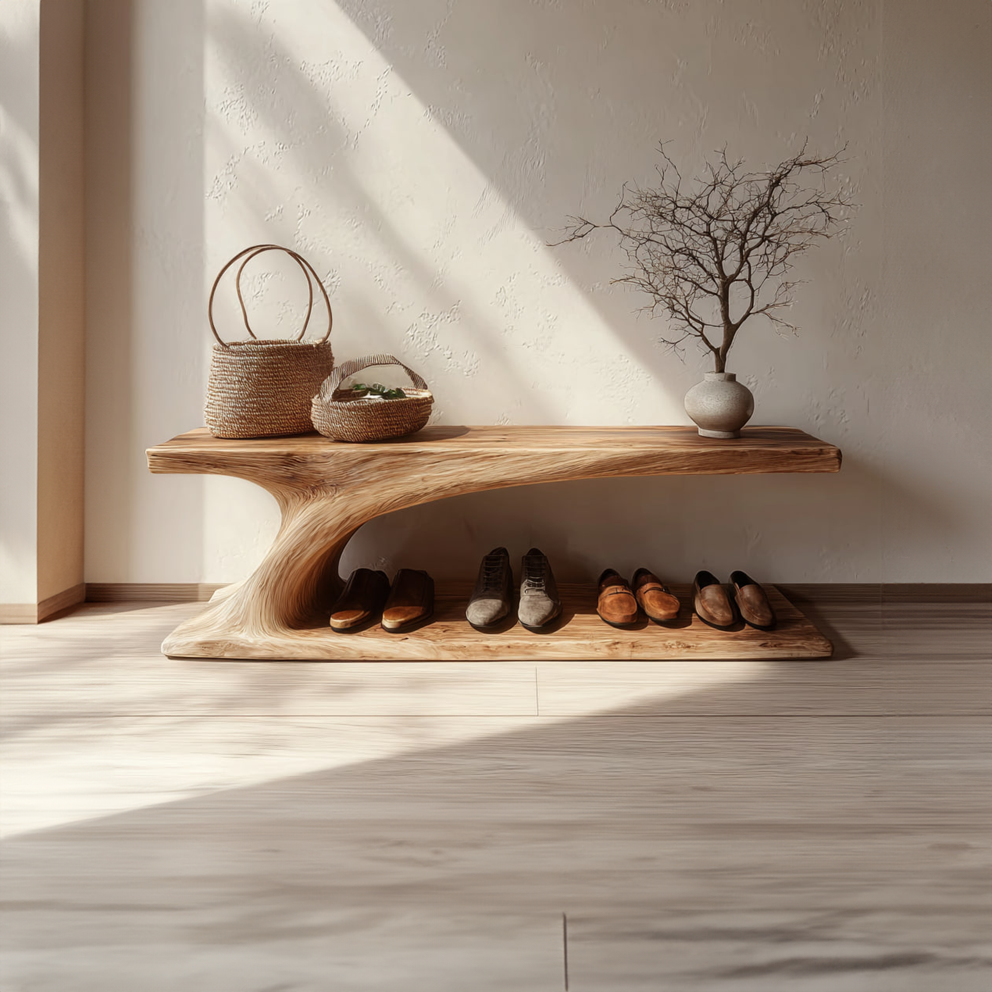 Rustic Organic Form Wooden Shoe Storage Bench Porch SINLKISB058