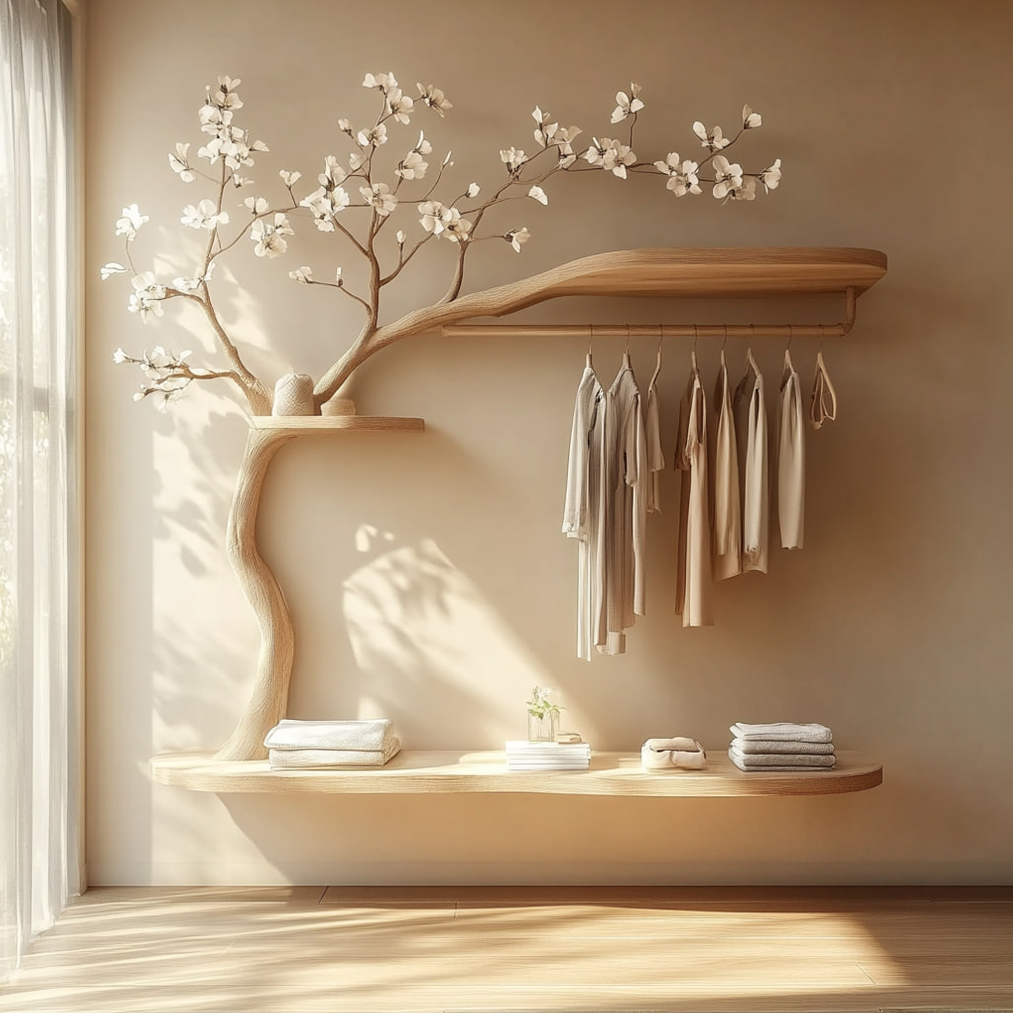 Scandinavian Tree Wardrobe Handcrafted Solid Wood Natural Bedroom Decor SINLKITCR066