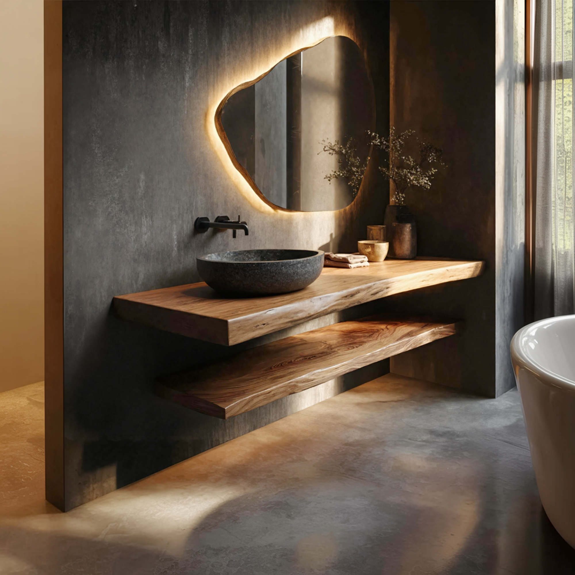 Japandi Style Bathroom Vanity Live Edge Floating Counter Shelf SINLKIBRV253