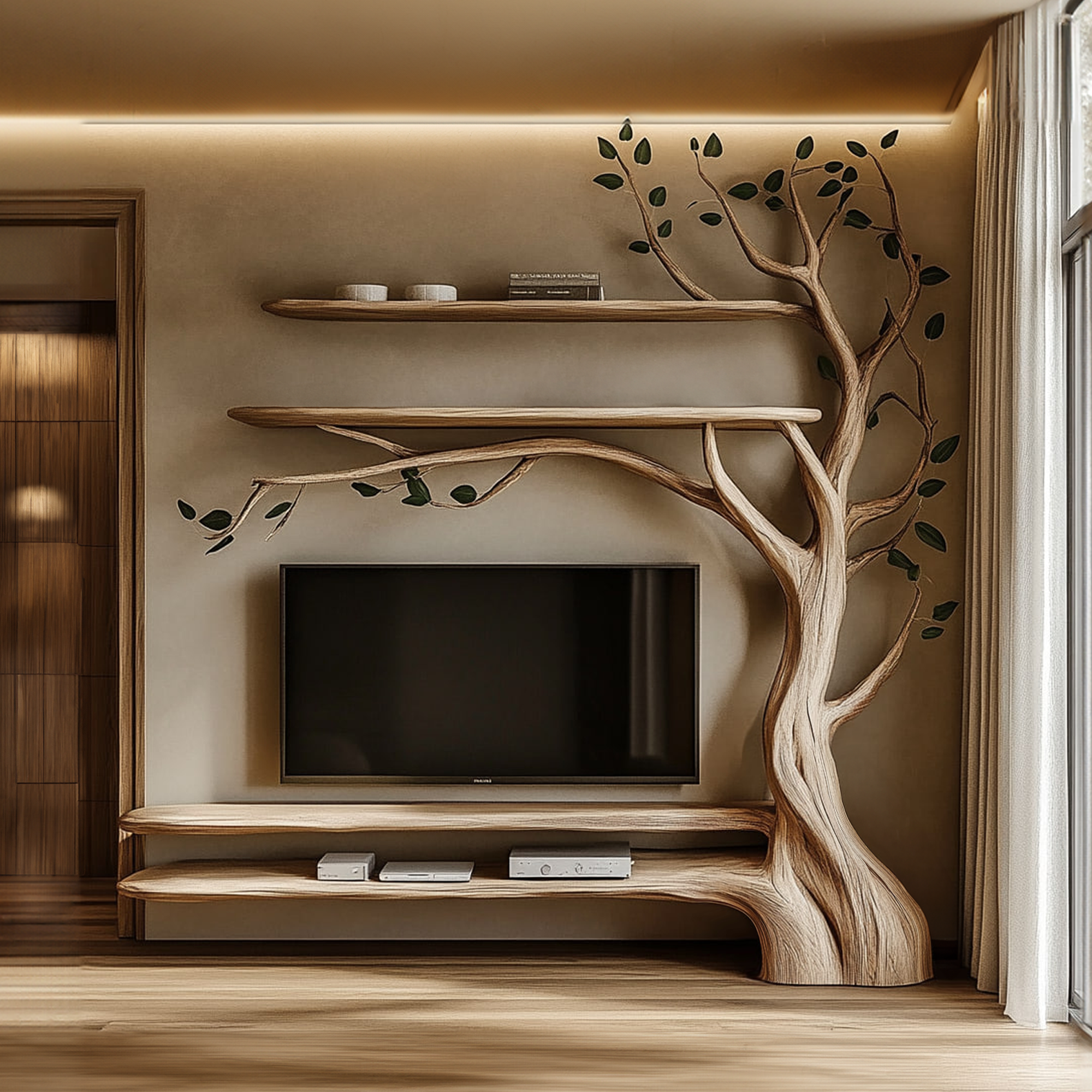Rustic Tree Media Shelf Modern Living Space SINLKITB552