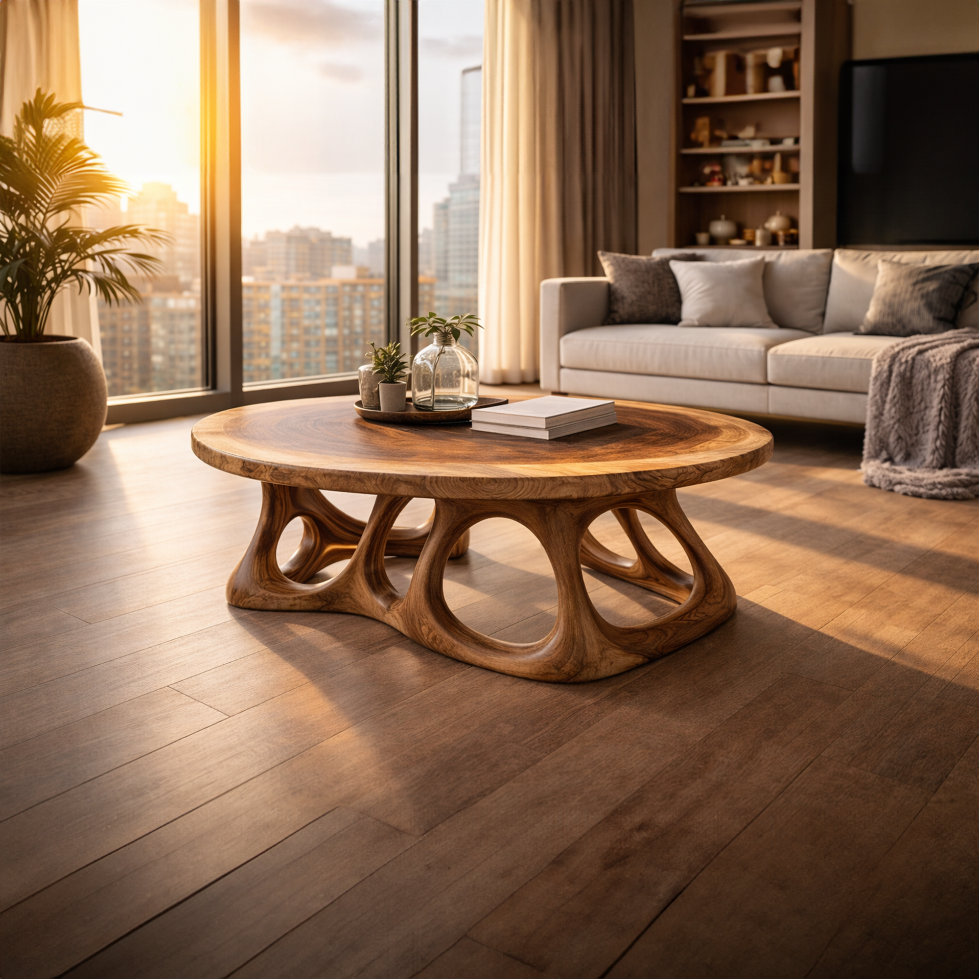 Round Sculpted Solid Wood Coffee Table Organic Balance Modern Living Room Interior SINLKICF307