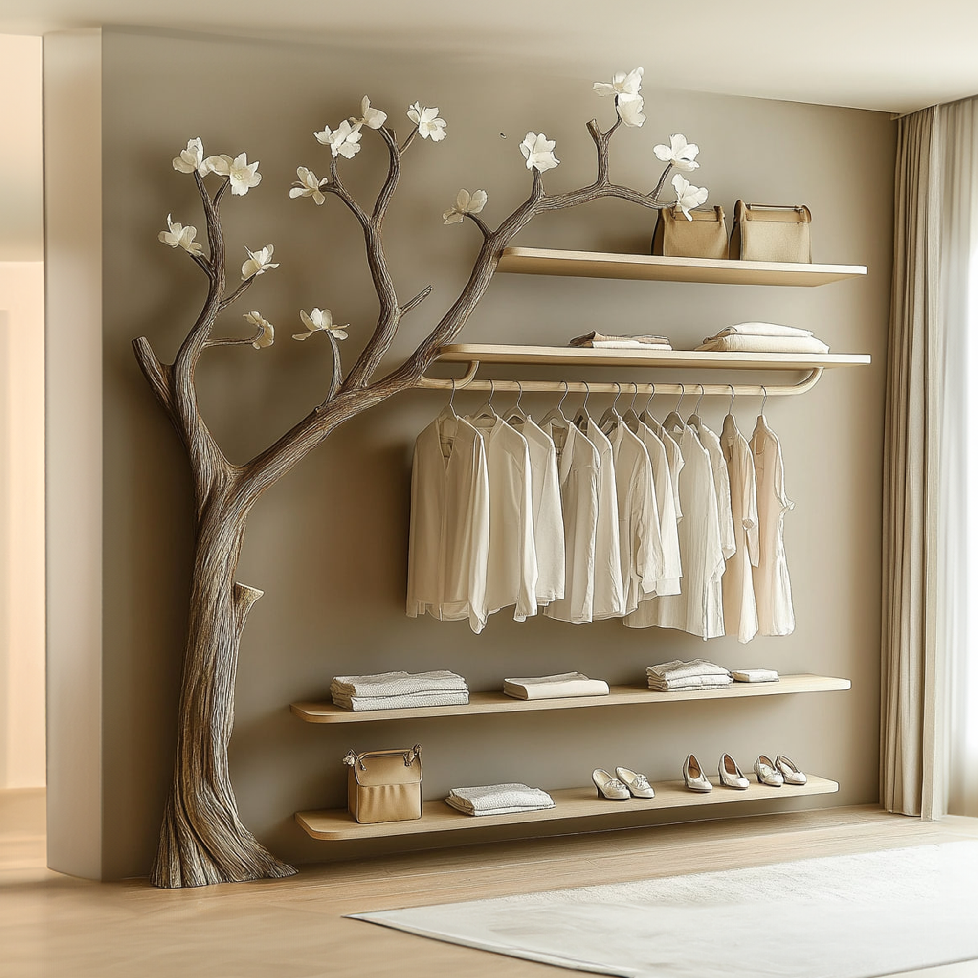 Rustic Organic Tree Wardrobe Shelf Blooming Living Room SINLKITB551