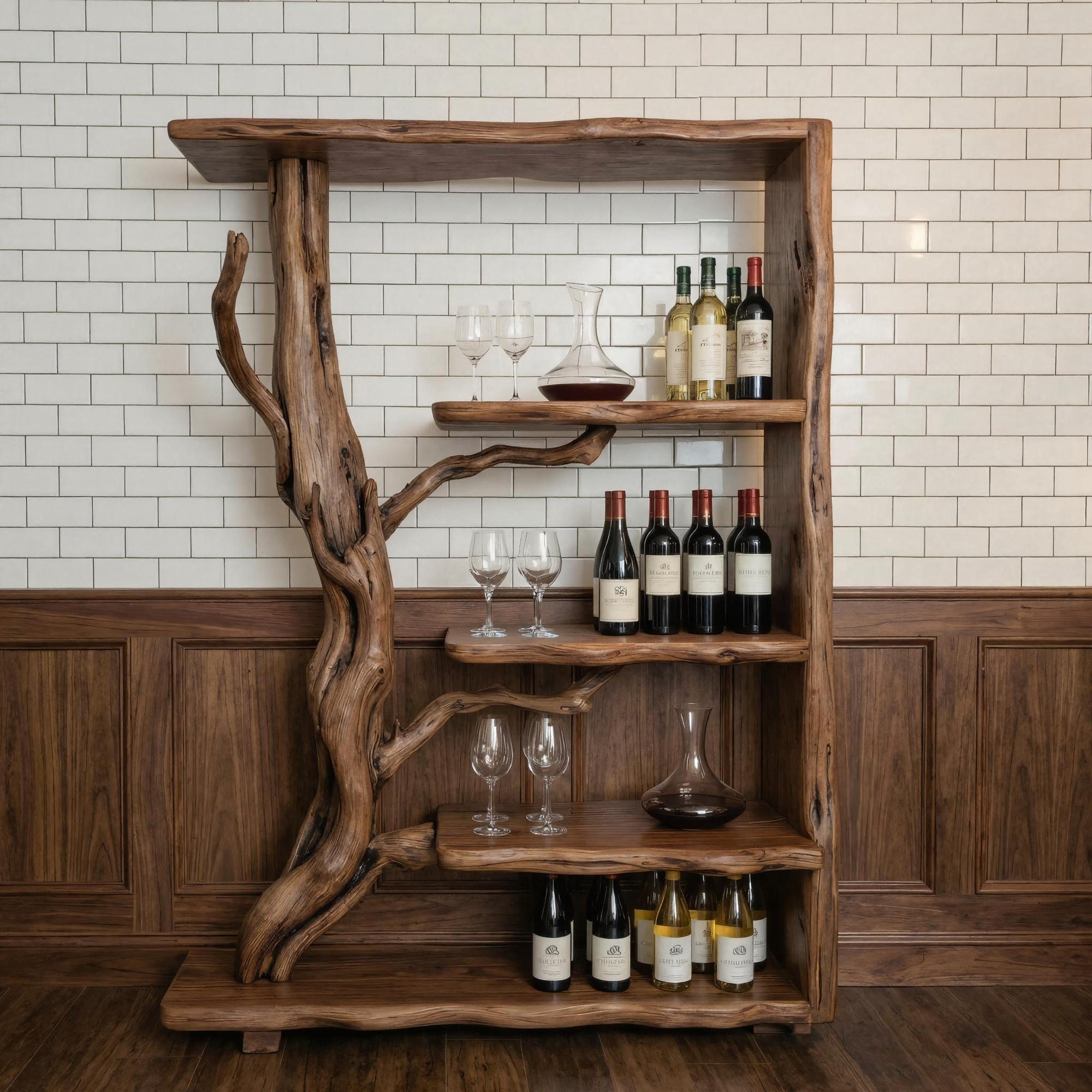 Organic Tree Branch Wine Rack Wooden Wall Shelf For Kitchen Dining Room Home Bar SINLKIWR005