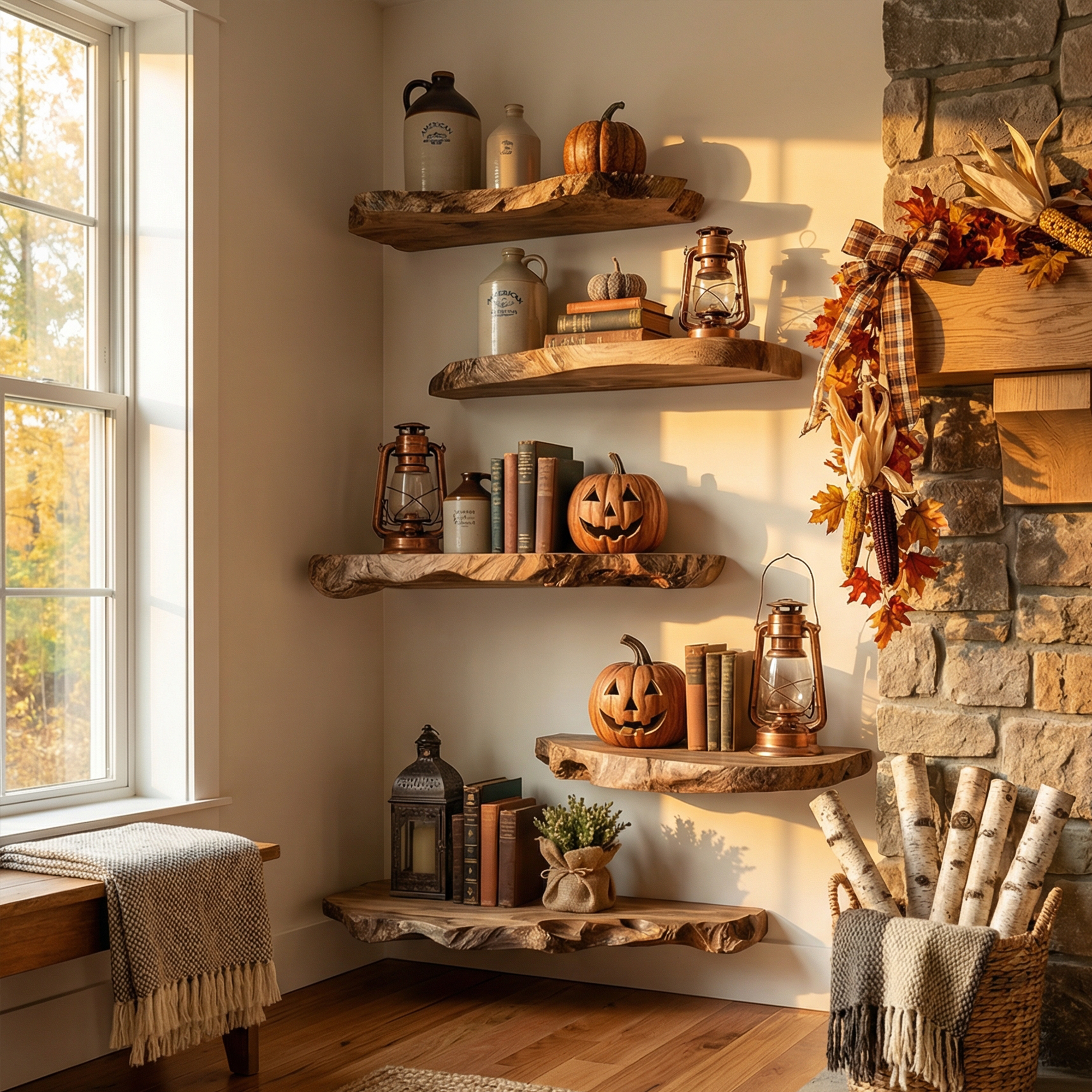 Modern Farmhouse Autumn Decor Floating Wall Shelves Solid Wood Display SINLKIFL496