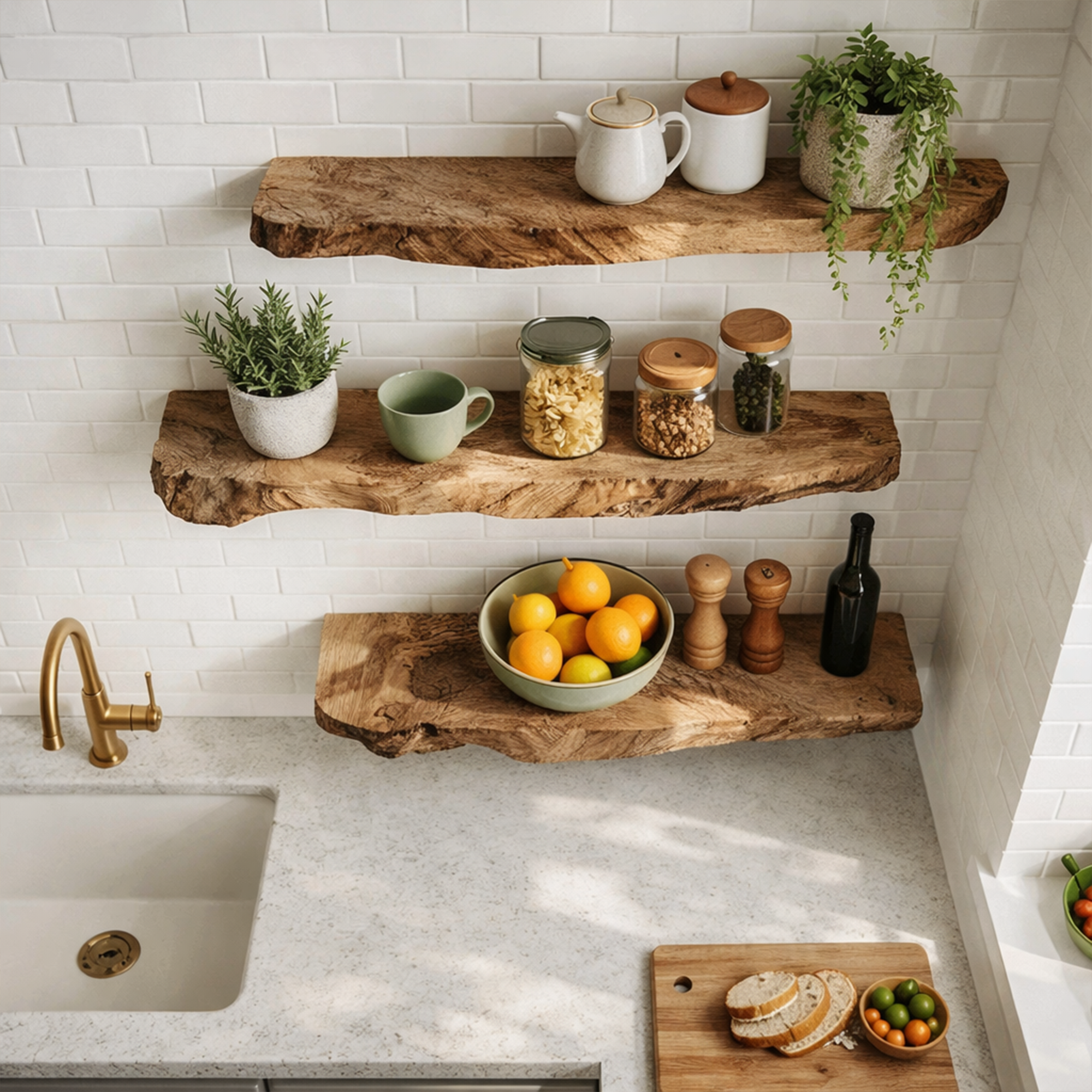 Modern Natural Slab Floating Kitchen Shelves Solid Wood Countertop Display SINLKIFL498