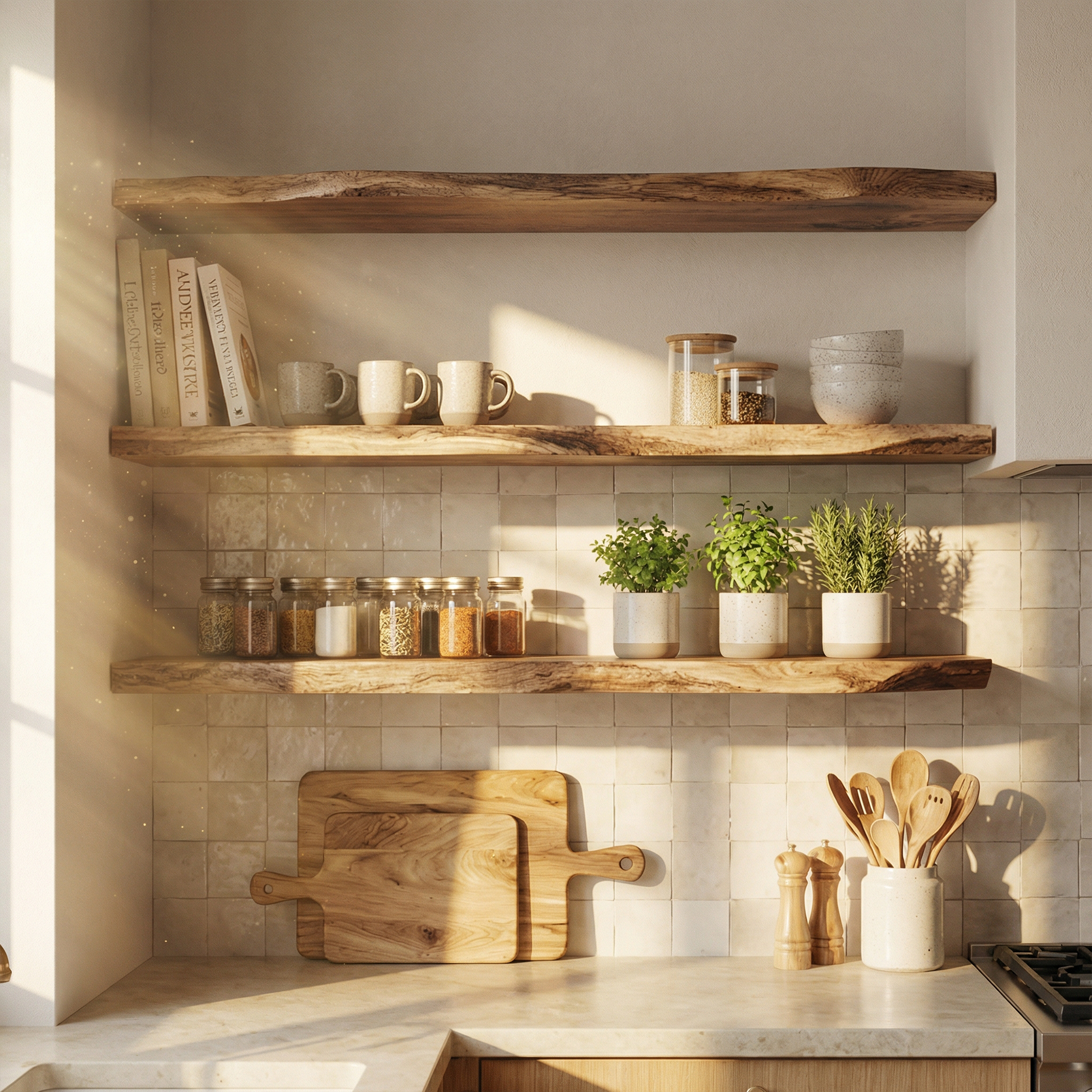 Modern Farmhouse Solid Wood Kitchen Wall Shelving Open Storage Rack SINLKIFL499