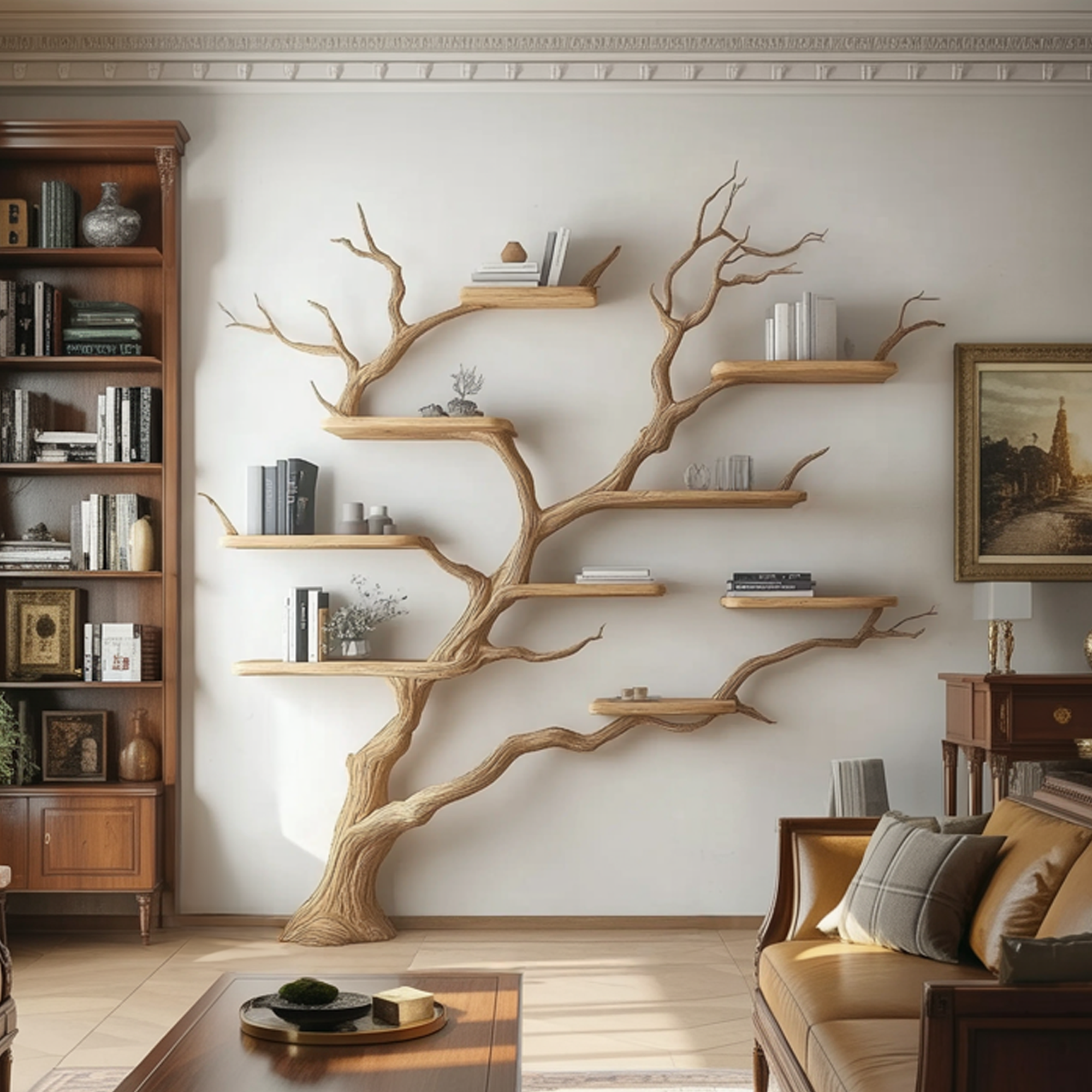 Rustic Handcrafted Tree Wall Bookshelf Living Room Interior Feature Furniture SINLKITB618
