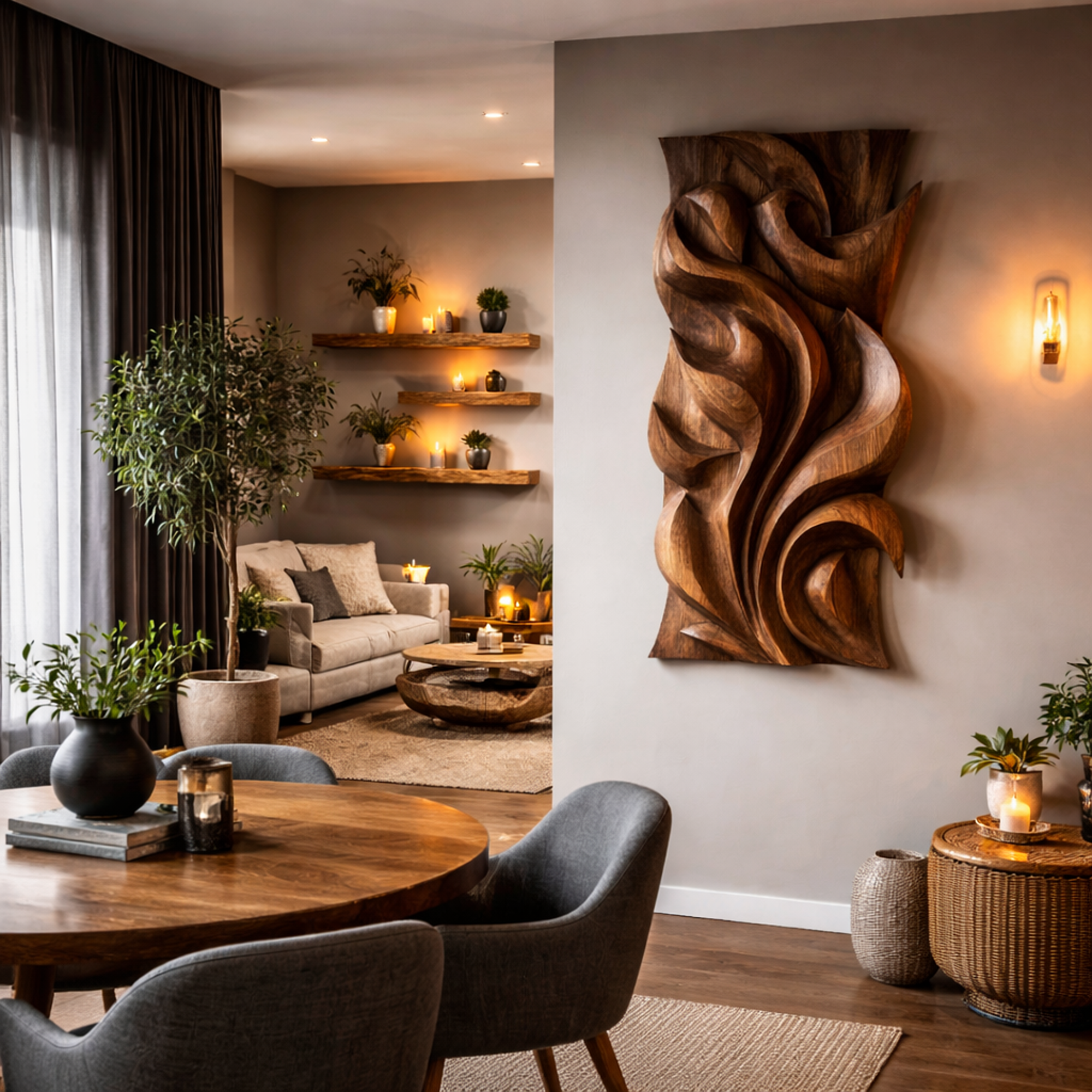 Abstract Carved Solid Wood Wall Art Sculptural Interior Decor SINLKIWD014