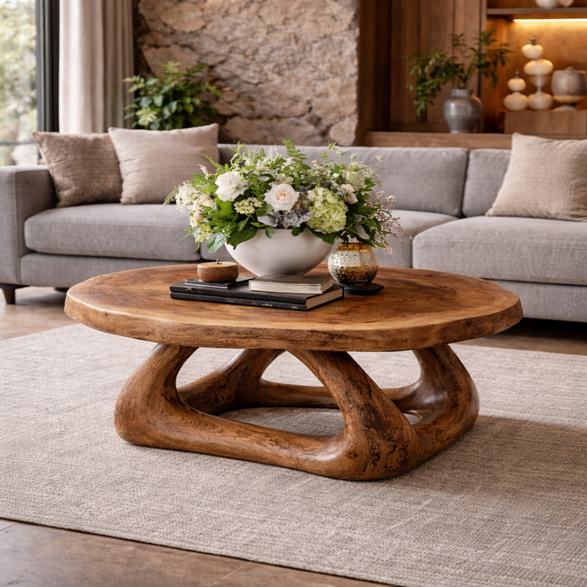 Curved Sculptural Solid Wood Coffee Table Artistic Statement Luxury Living Room Interior SINLKICF292