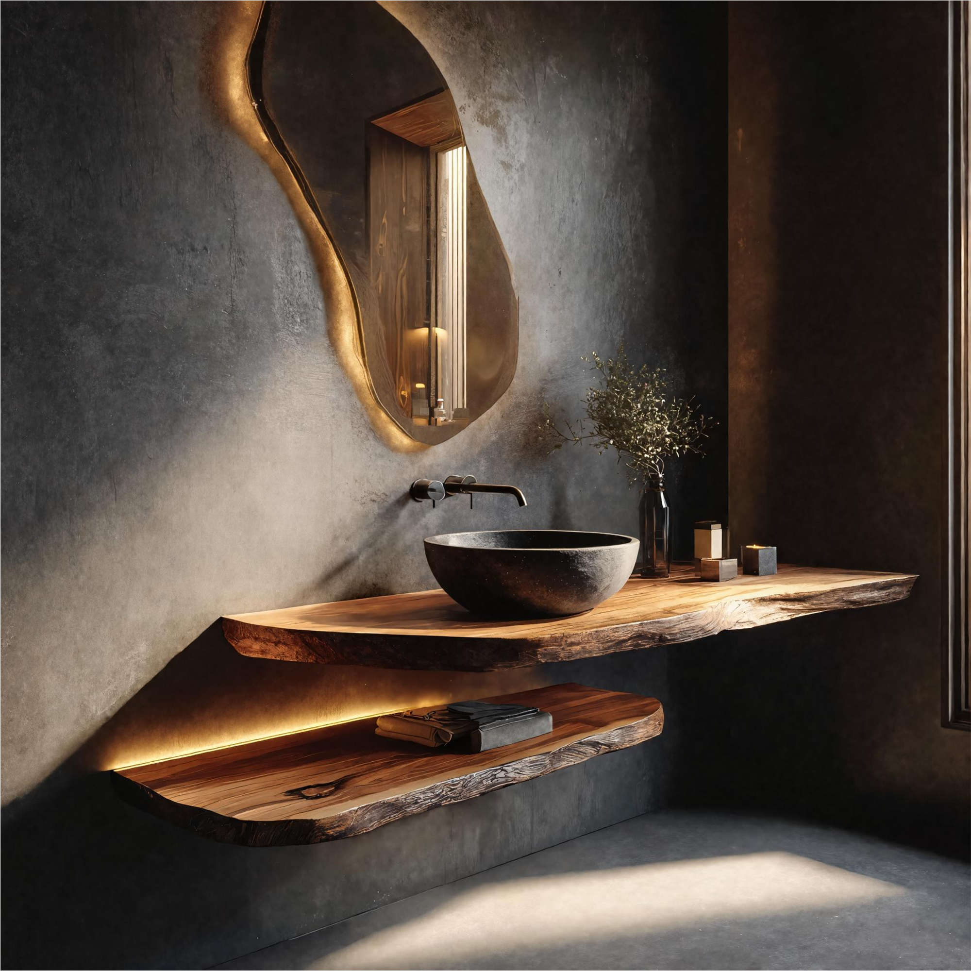 Sculptural Rustic Bathroom Vanity Live Edge Wood Floating Console SINLKIBRV254