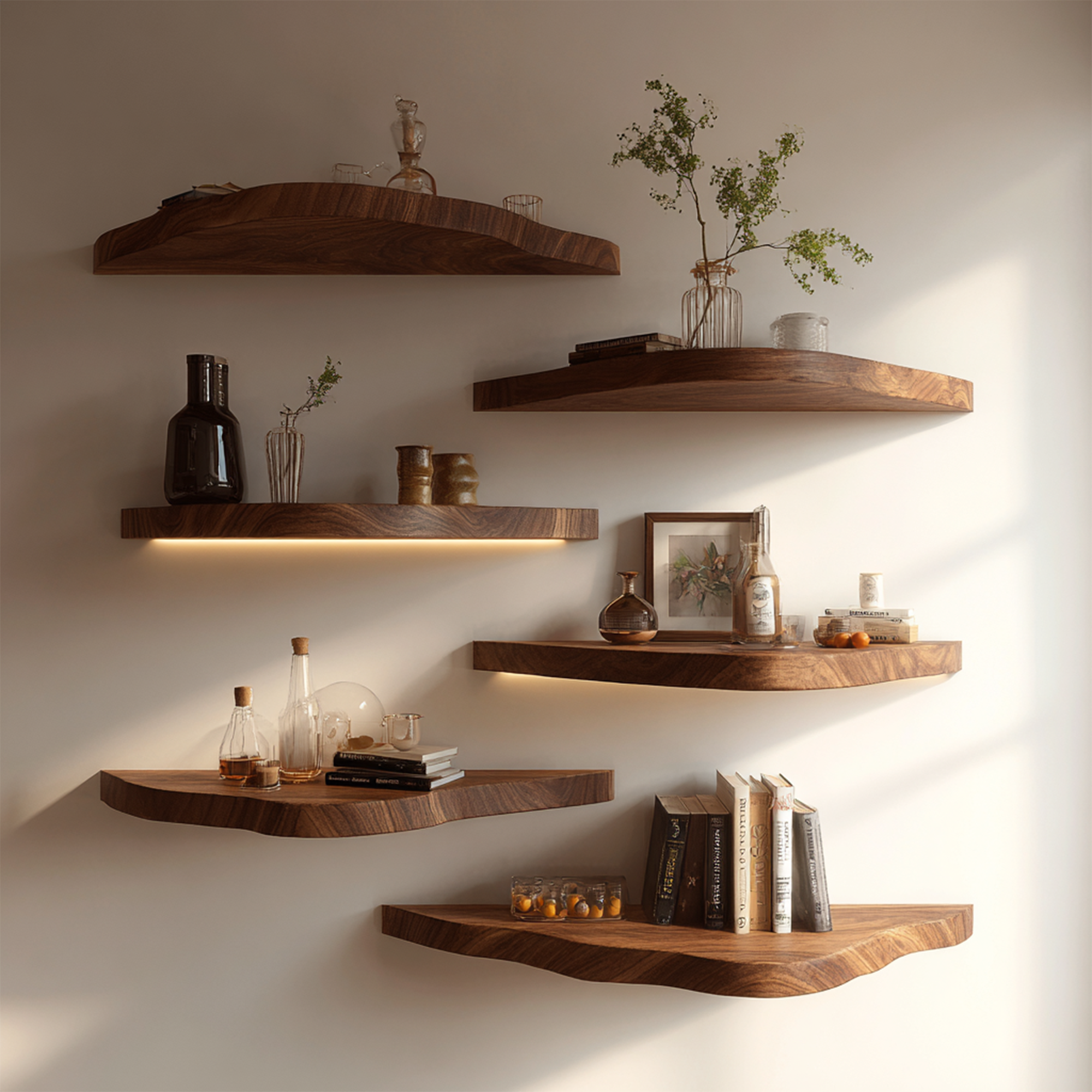 Asymmetrical Solid Wood Floating Shelves Organic Wall Display Interior Decor SINLKIFL390