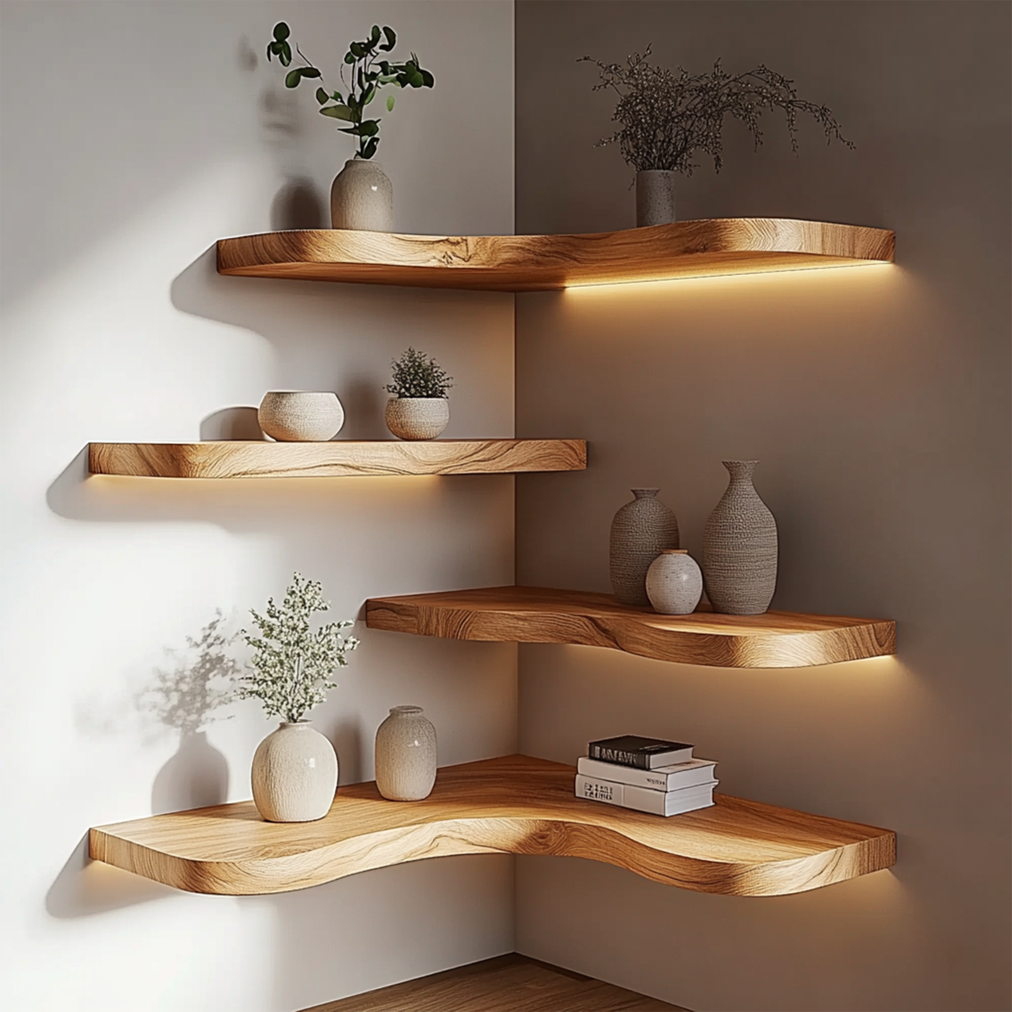 Corner Solid Wood Floating Shelves Organic Layered Wall Display Interior Decor SINLKIFL391