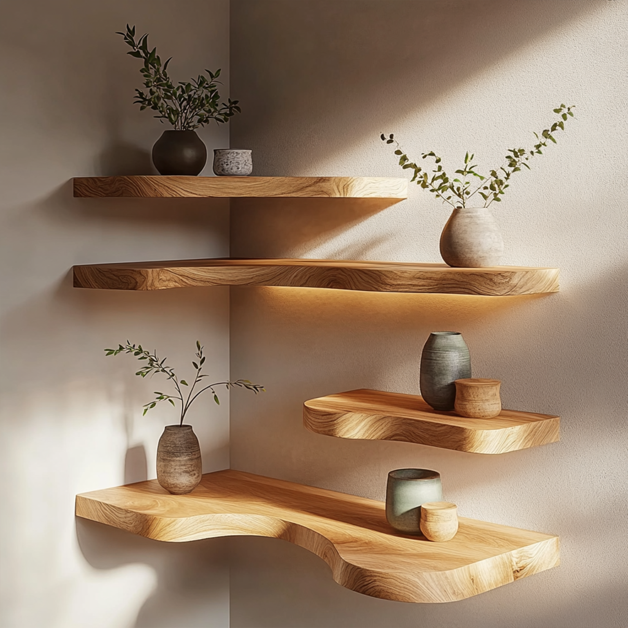 Natural Edge Solid Wood Corner Floating Shelves Calm Modern Interior Decor SINLKIFL396