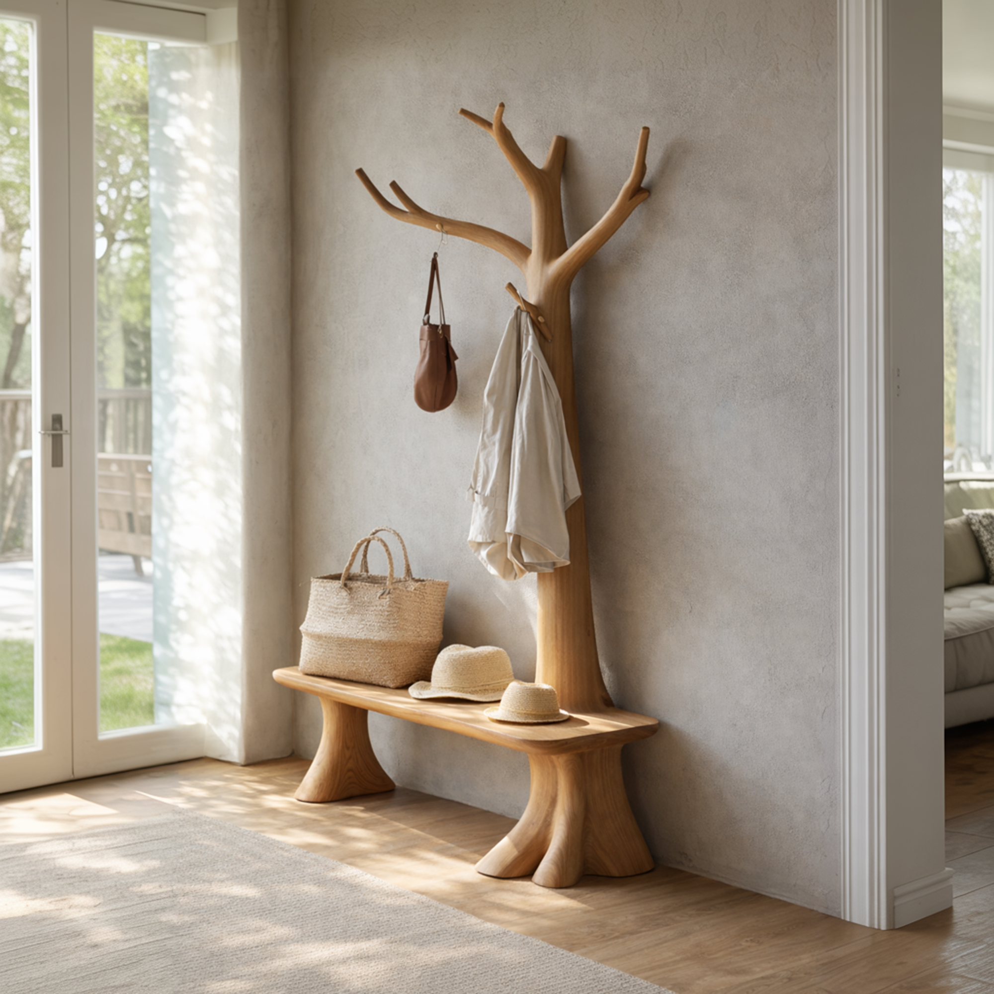 Handcrafted Tree Coat Rack With Bench Solid Wood Entryway Interior Functional Decor SINLKITCR093