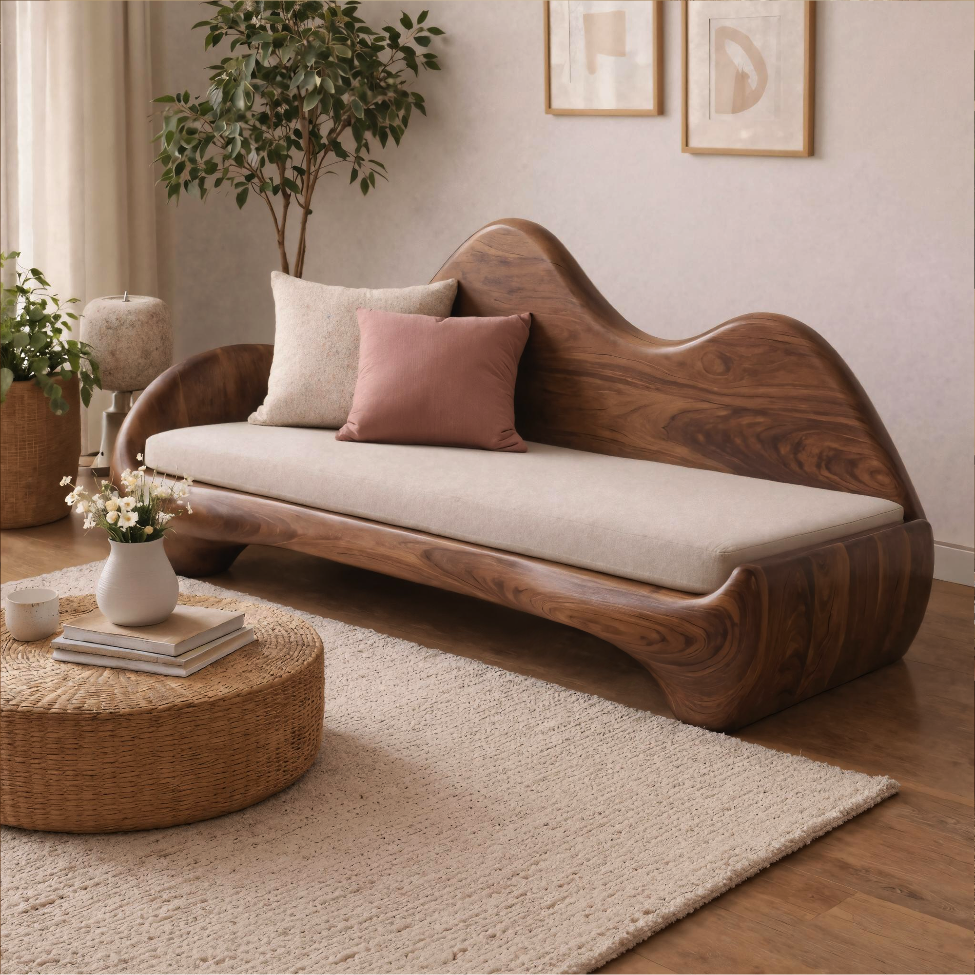 Modern Sculptural Wood Sofa Living Room Organic Curved Wooden Couch SINLKISF011