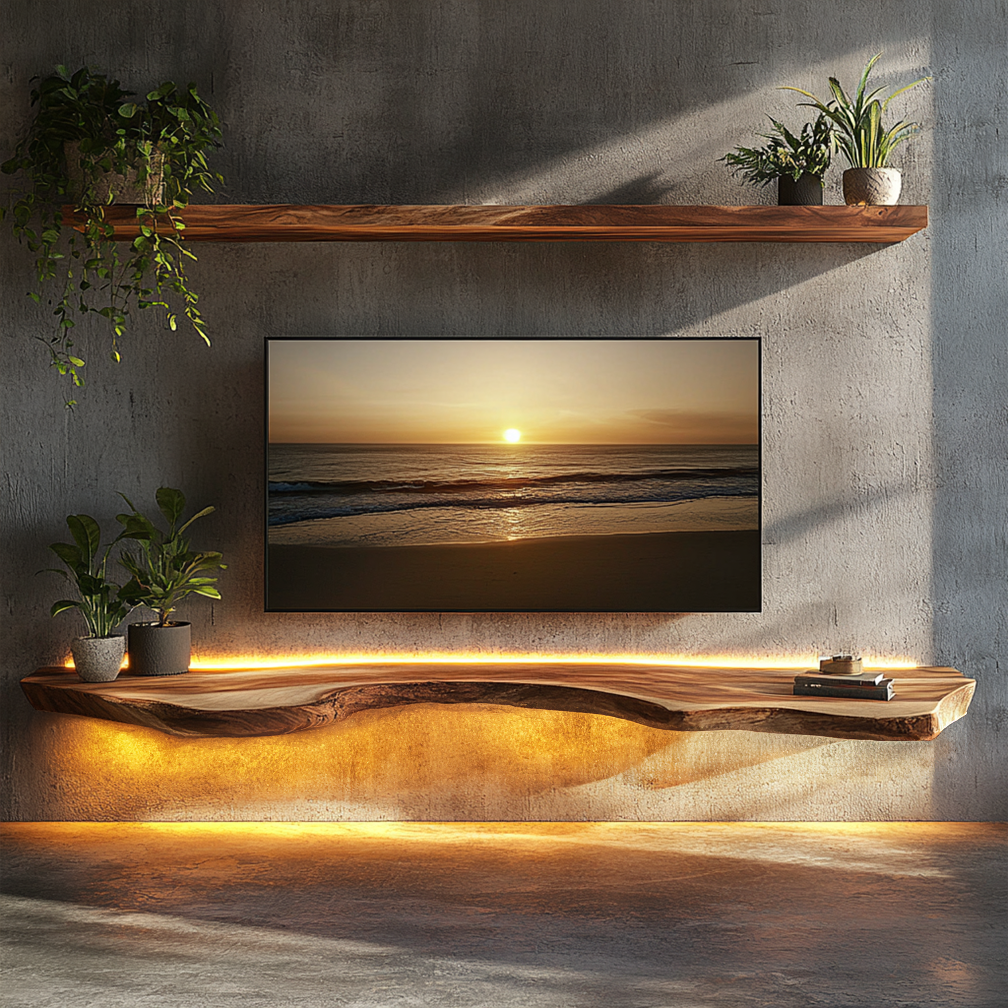 Illuminated Solid Wood Floating TV Shelf Modern Living Room Interior SINLKIFL397