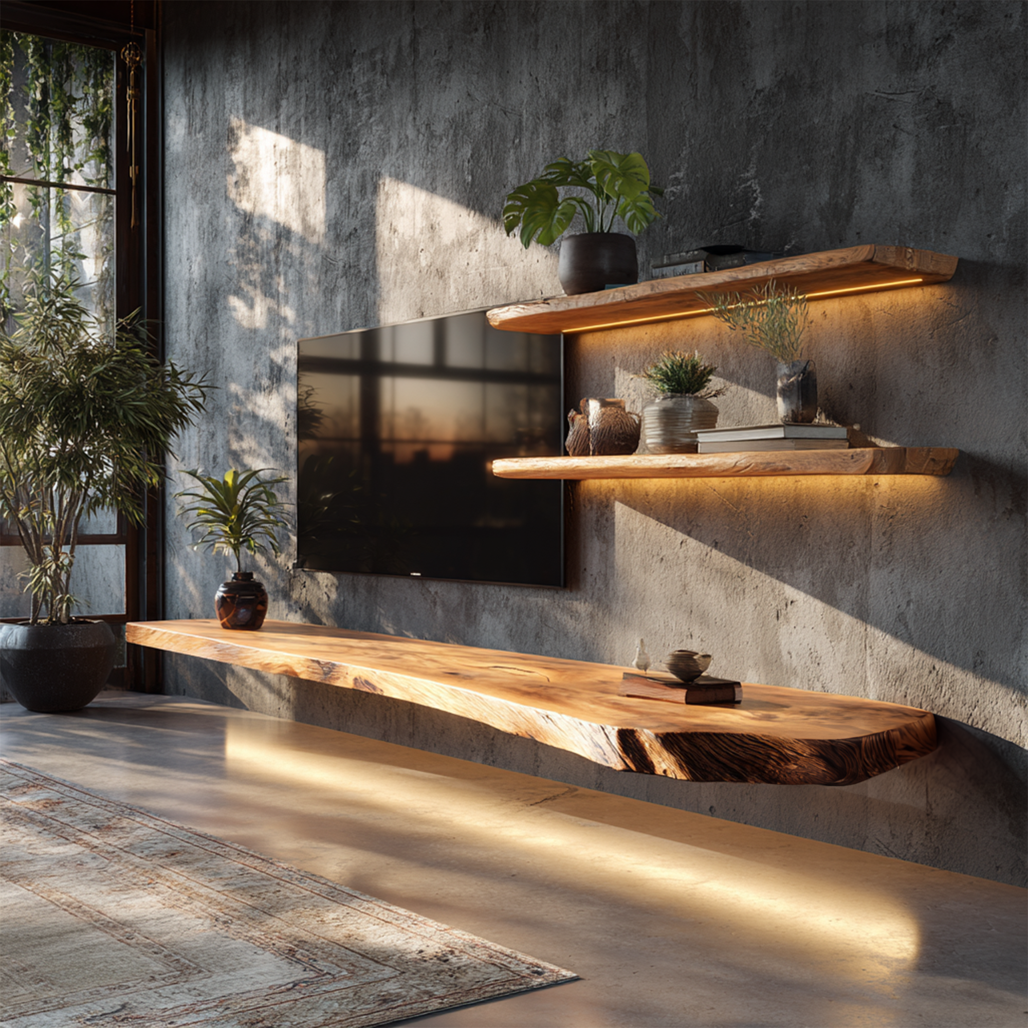Organic Solid Wood TV Wall Shelf Soft Glow Interior Decor SINLKIFL399