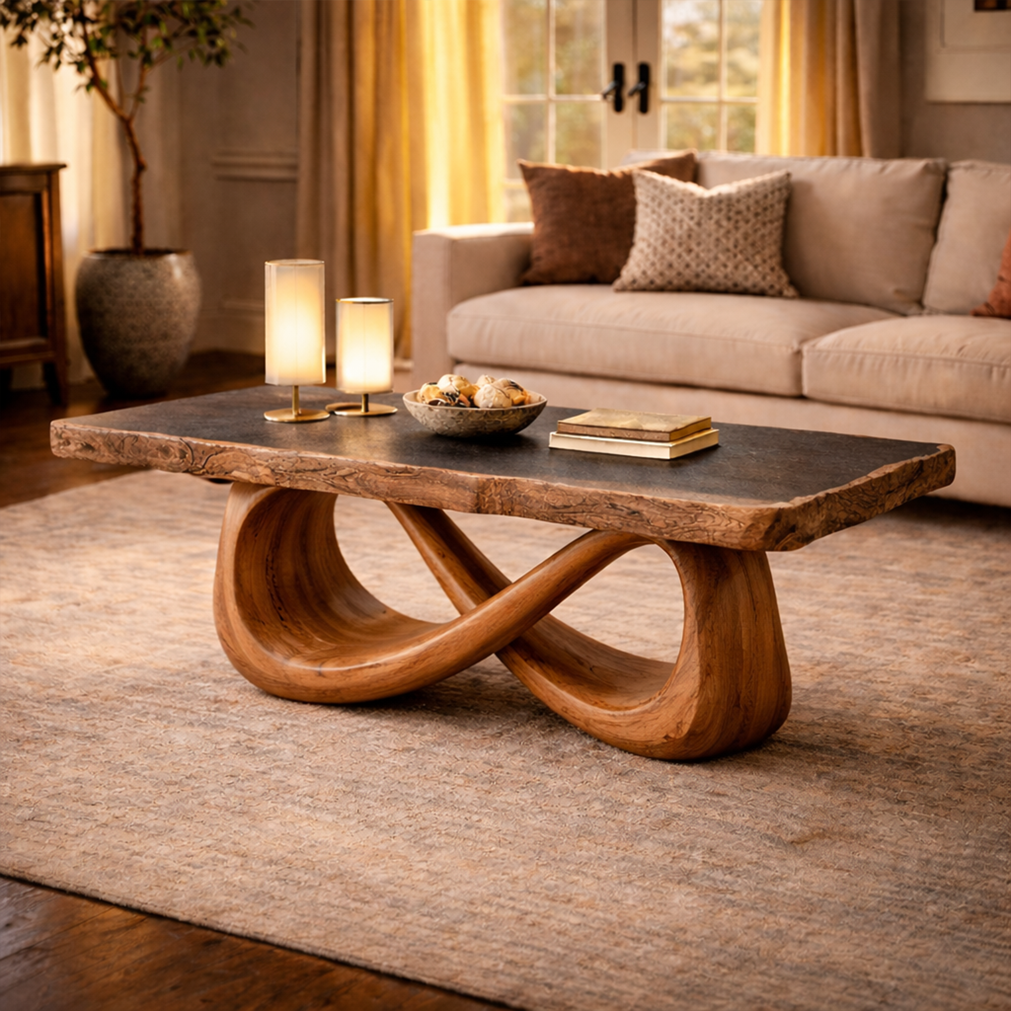 Sculptural Loop Solid Wood Coffee Table Warm Modern Living Room Interior SINLKICF308