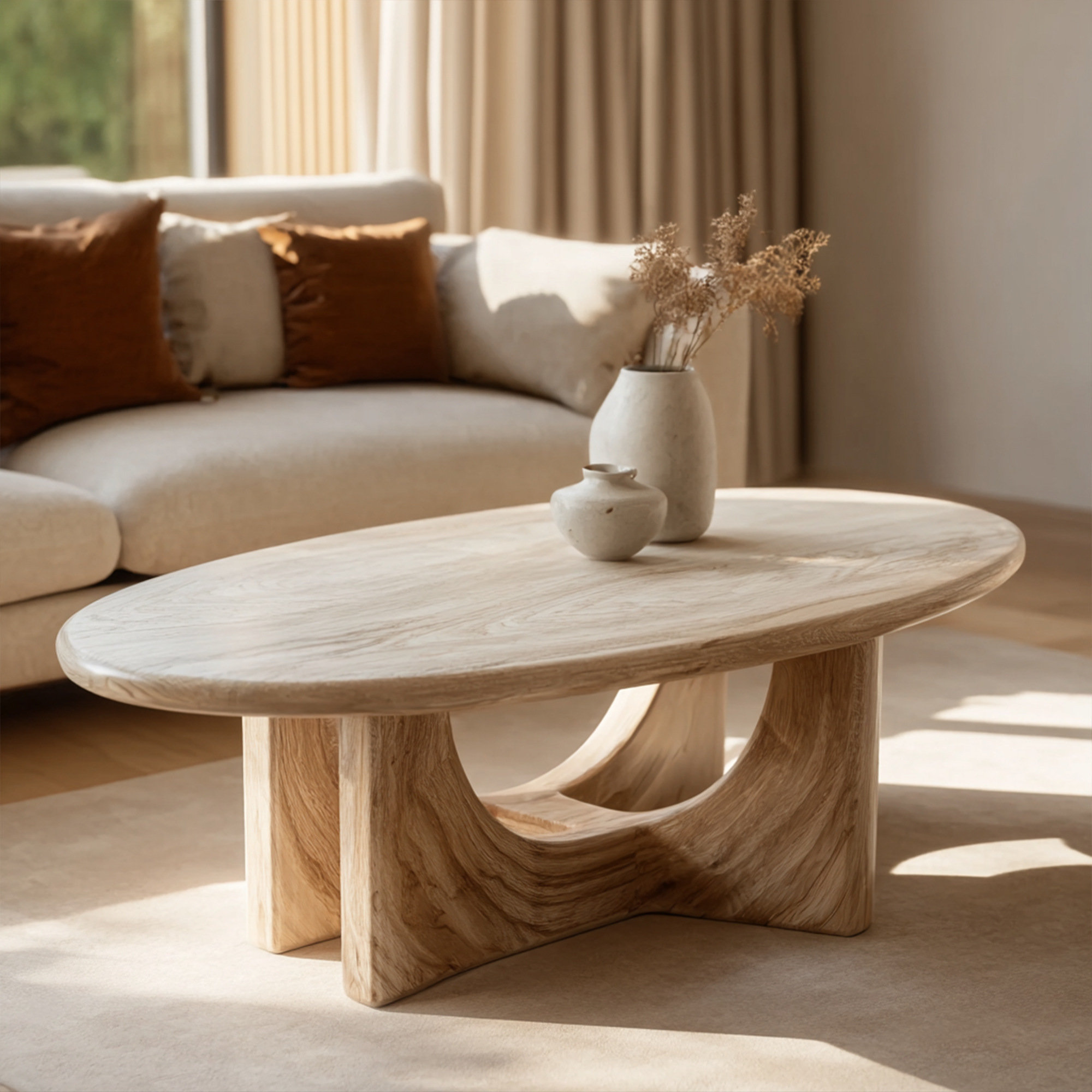 Serene Sculptural Solid Wood Coffee Table Flowing Base Natural Harmony Modern Living Room Interior SINLKICF299