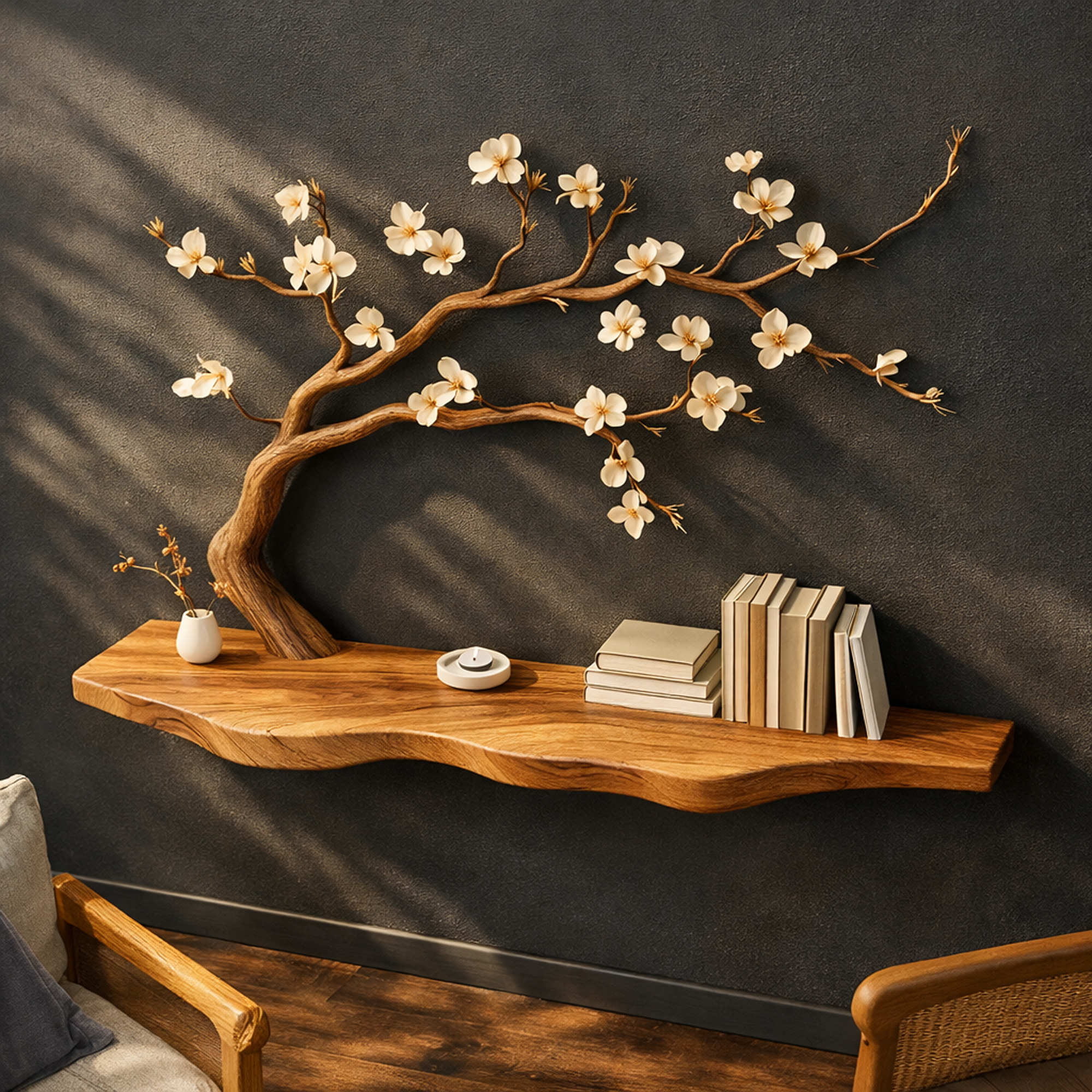Rustic Tree Shelf Natural Wood Wall Decor For Spa Bathroom SINLKIFL258