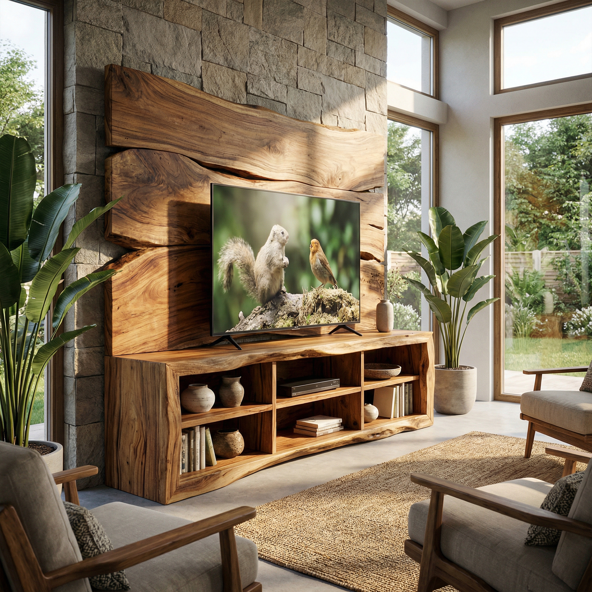 Modern TV Cabinet With Wood Wall Panel Living Room SINLKISC495
