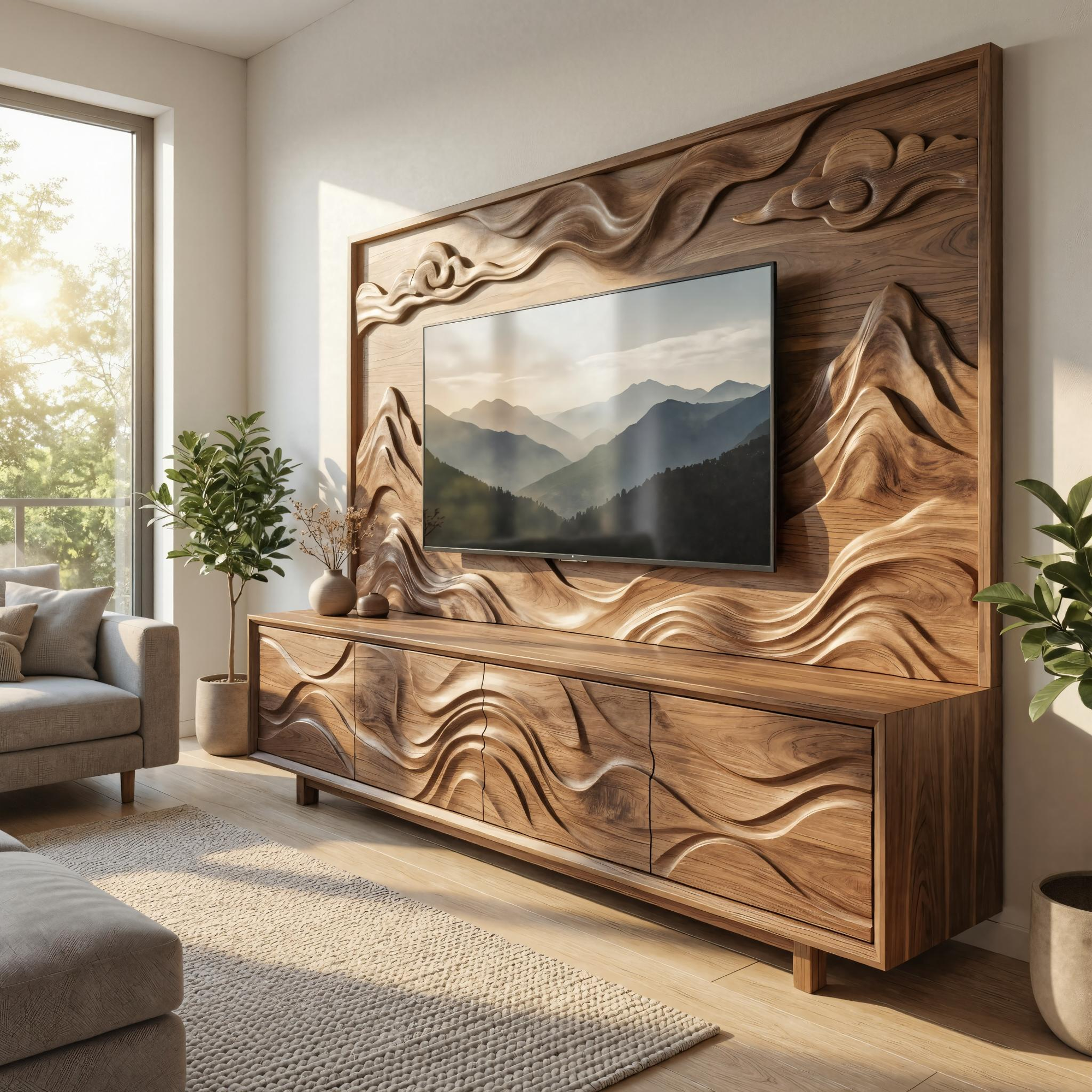 Organic Sculptural TV Cabinet And Wood Wall Panel Set Living Room SINLKISC501